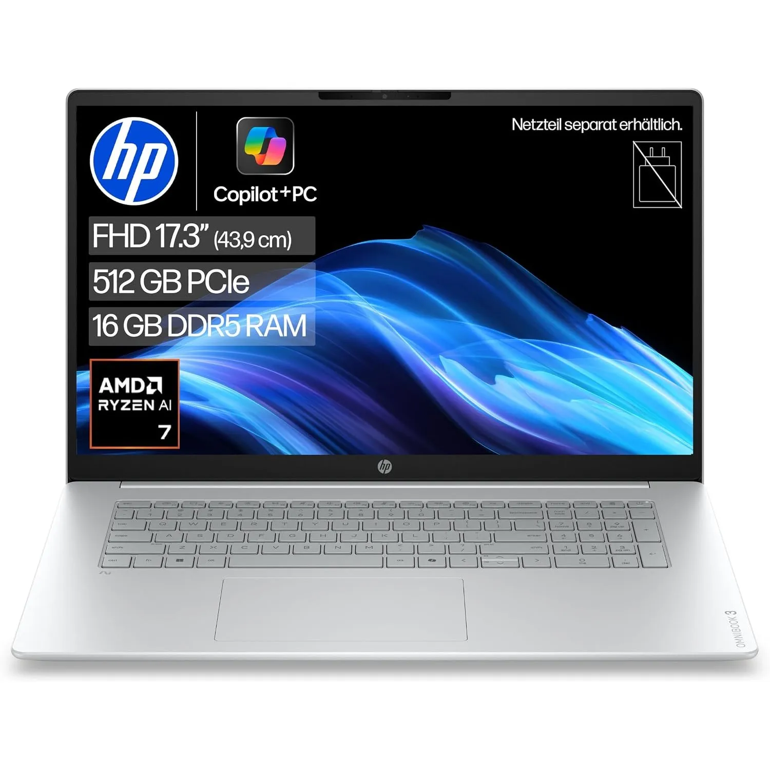 HP OmniBook 3 Laptop, 17,3" FHD, AMD Ryzen AI 7, 16GB RAM, 512GB SSD