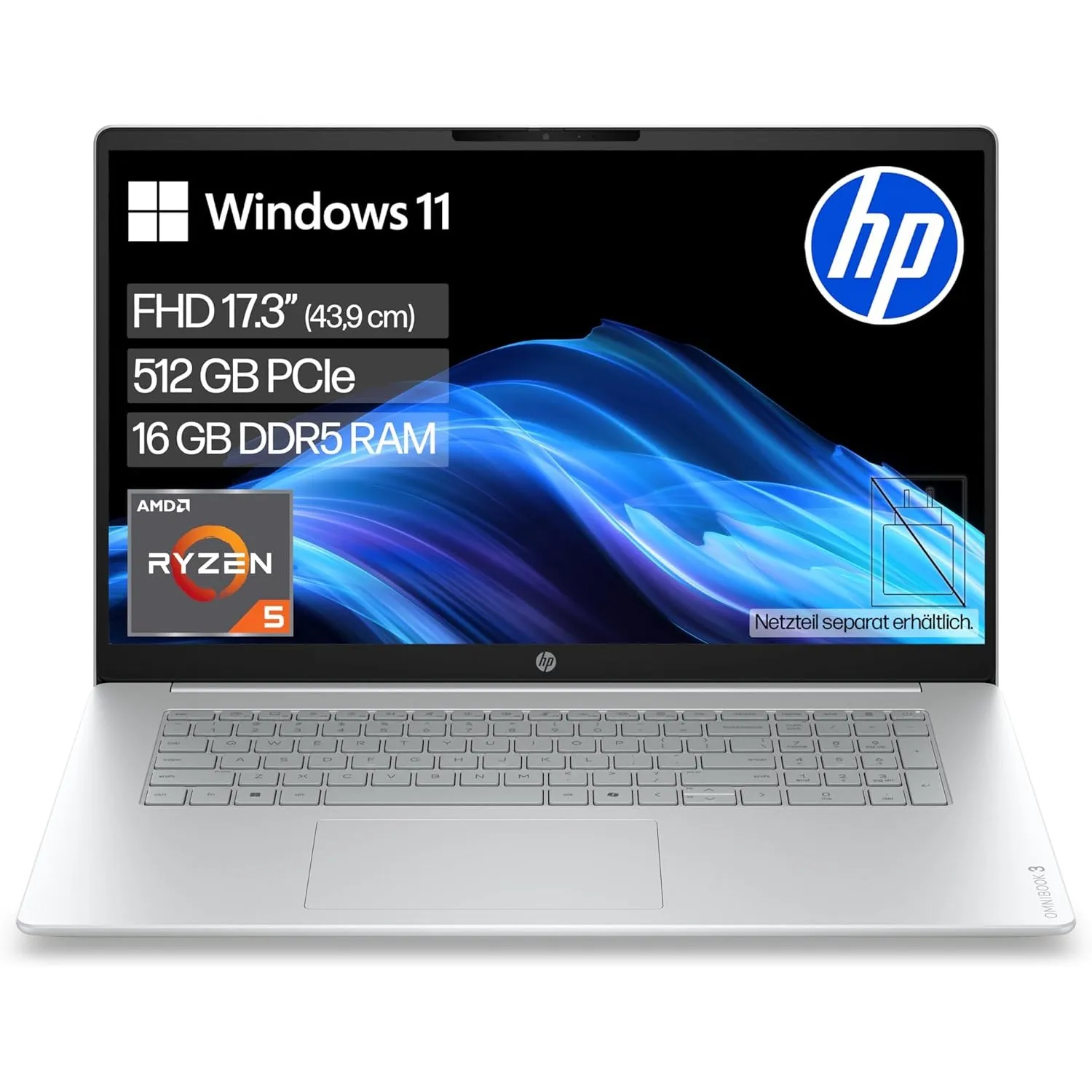 HP OmniBook 3 Laptop (17,3" FHD Display, AMD Ryzen 5, 16GB RAM, 512GB, Win11, QWERTZ) - Silber