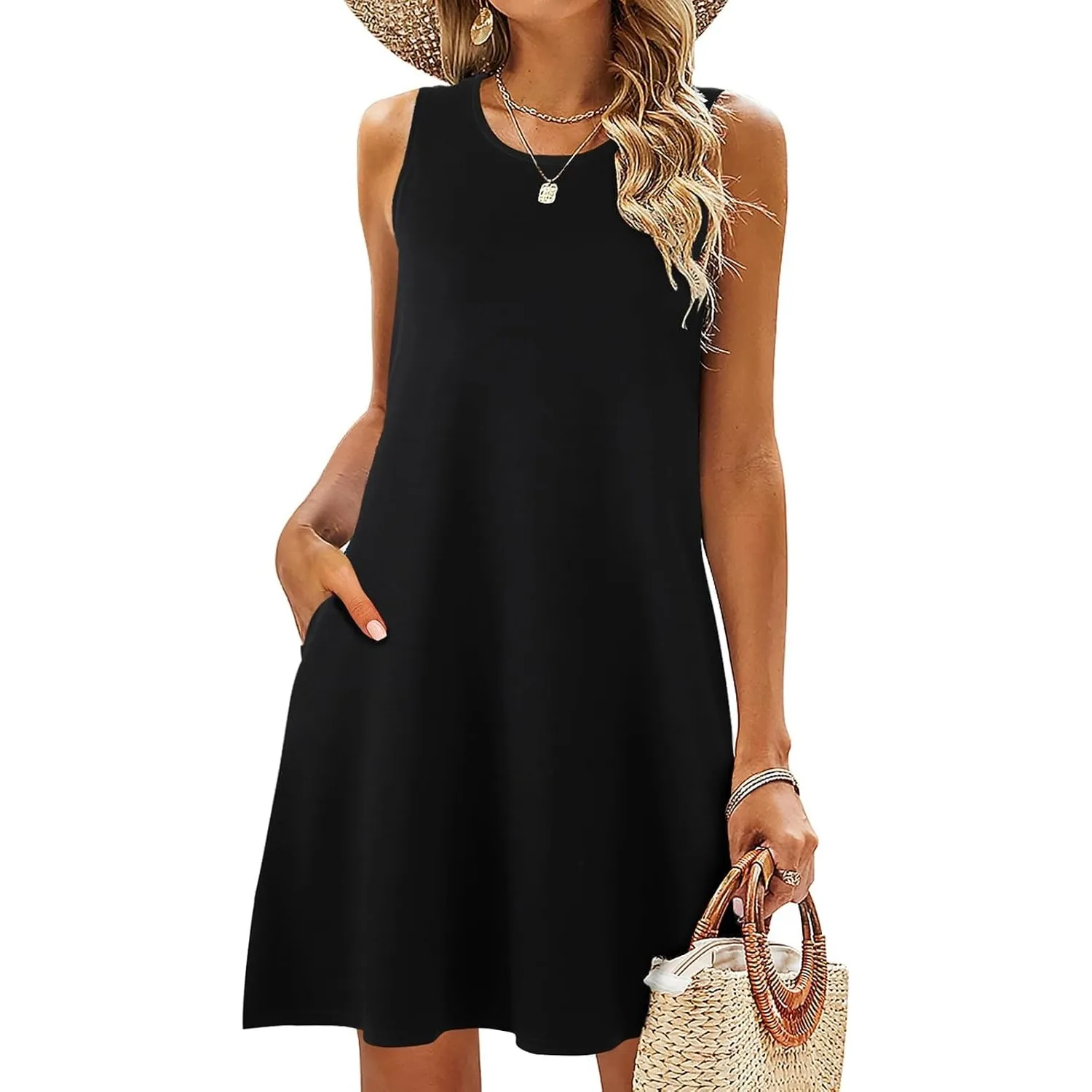 BDTECAOR Sommerkleider Damen Ärmellos Blumen T-Shirt Strandkleid Leichte Lässige Taschen Boho Tank Kleid
