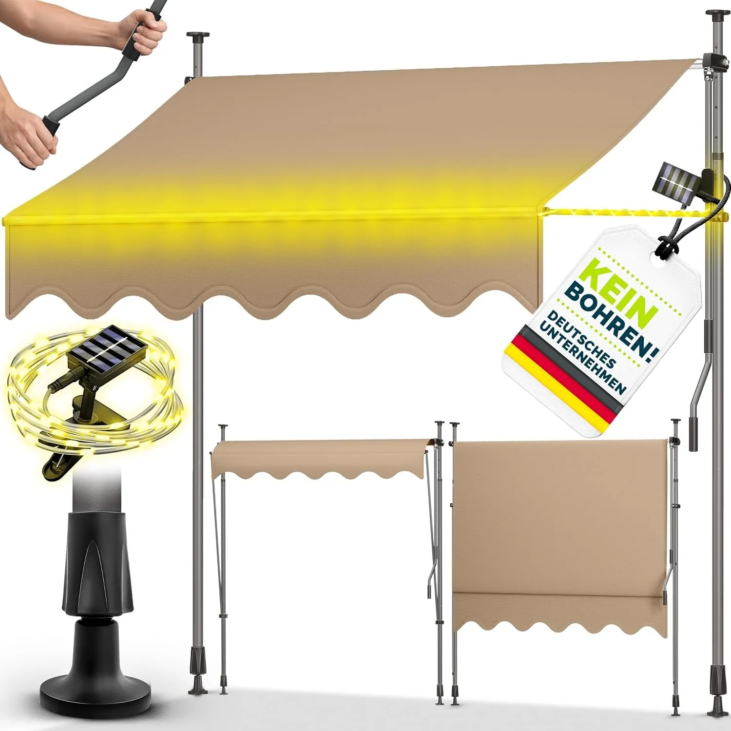 tillvex Klemmmarkise 350cm mit Handkurbel & LED Lichterkette Balkonmarkise