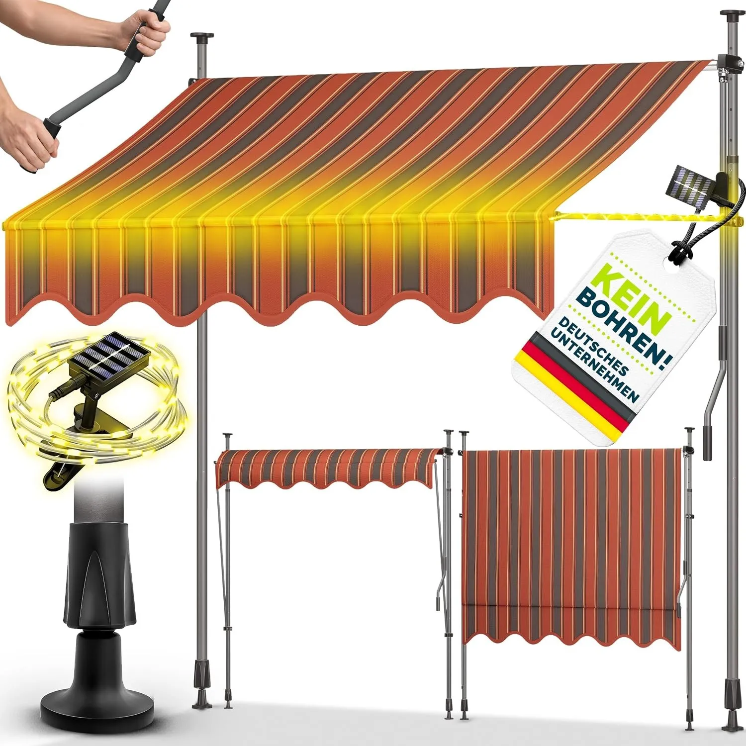 tillvex Klemmmarkise 350cm mit Handkurbel & LED Lichterkette Balkonmarkise | Markise Balkon UV-beständig, wasserdicht &…