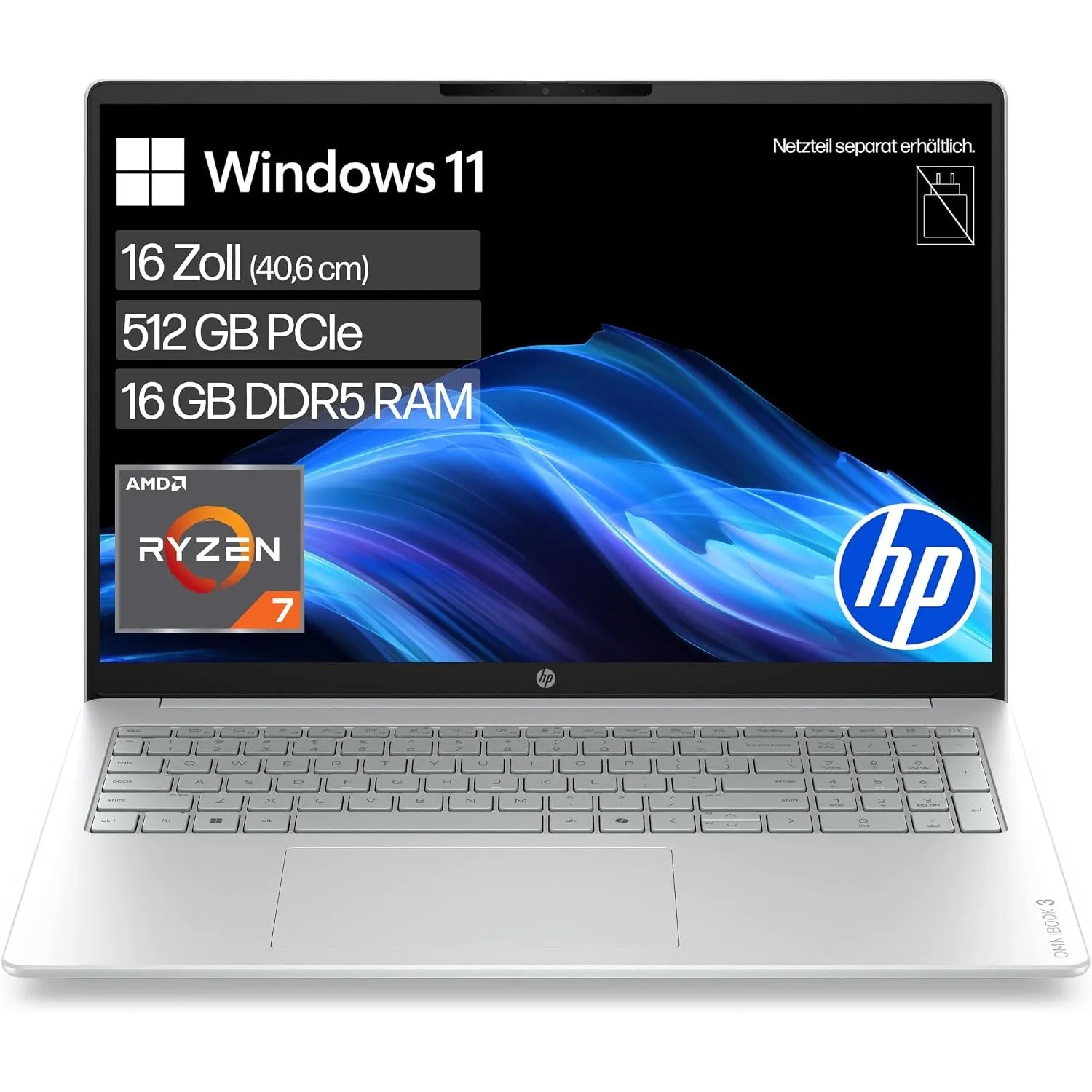 HP OmniBook 3 Laptop, 16" 2K IPS, AMD Ryzen 7, 16GB RAM, 512GB SSD