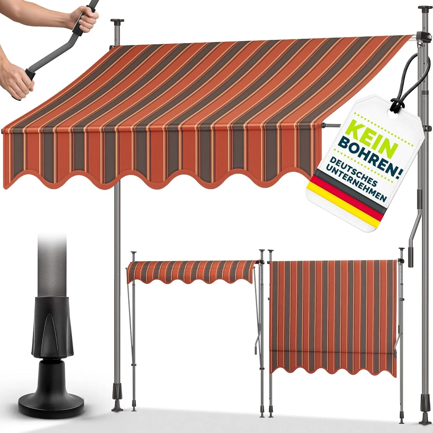 tillvex Klemmmarkise 250cm breit mit Handkurbel | Balkonmarkise ohne Bohren