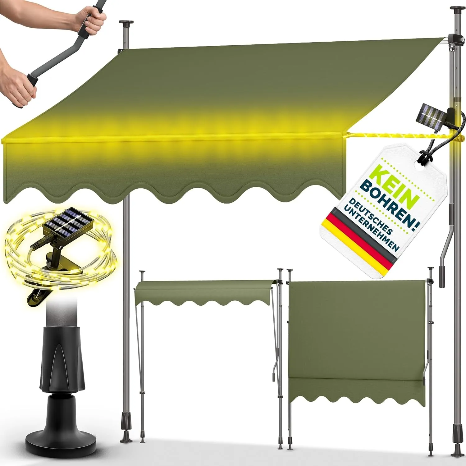 tillvex Klemmmarkise 400cm mit Handkurbel & LED Lichterkette Balkonmarkise | Markise Balkon UV-beständig, wasserdicht &…