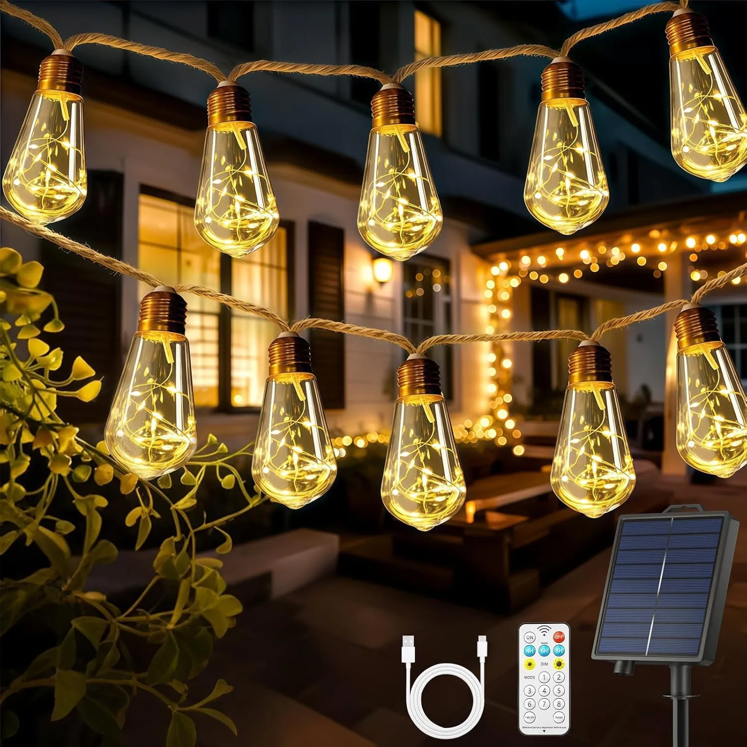 Solar Lichterkette Aussen Mit 16 S17 Glühbirnen, 10M Lichterkette Außen Wetterfest Warmweiß 8 Modi Memory-Funktion Time…