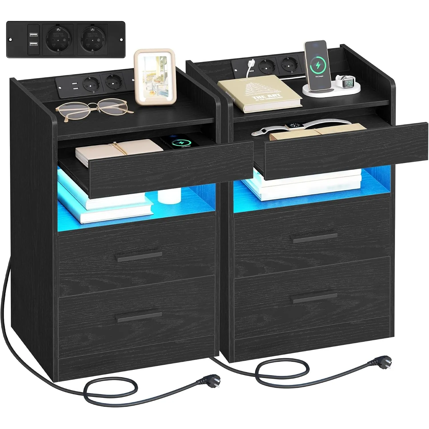 Hzuaneri Nachttisch 2er Set, Beistelltisch mit Tablett, Nachtschrank