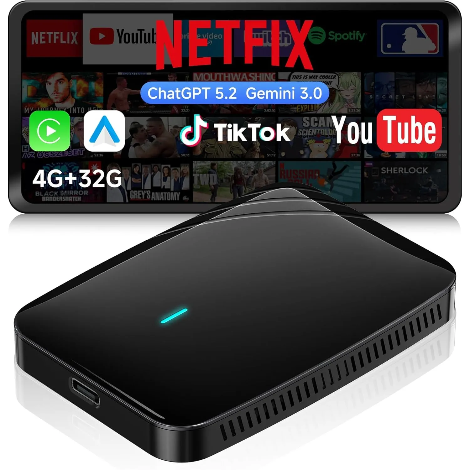 AI Box CarPlay/Android Auto Wireless Adapter, 4G+32G, Performance-Upgrade für Autos mit Kabel-CarPlay für Netflix/YouTu…