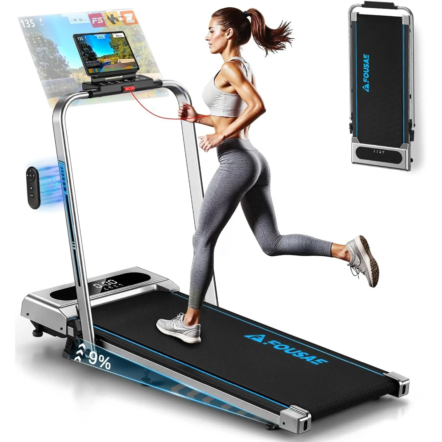 Laufband für Zuhause, 5 in 1 Walking Pad, 12km/h Klappbar Laufband mit 9% Steigung, 2.75HP Walking Machine mit LED-Anze…