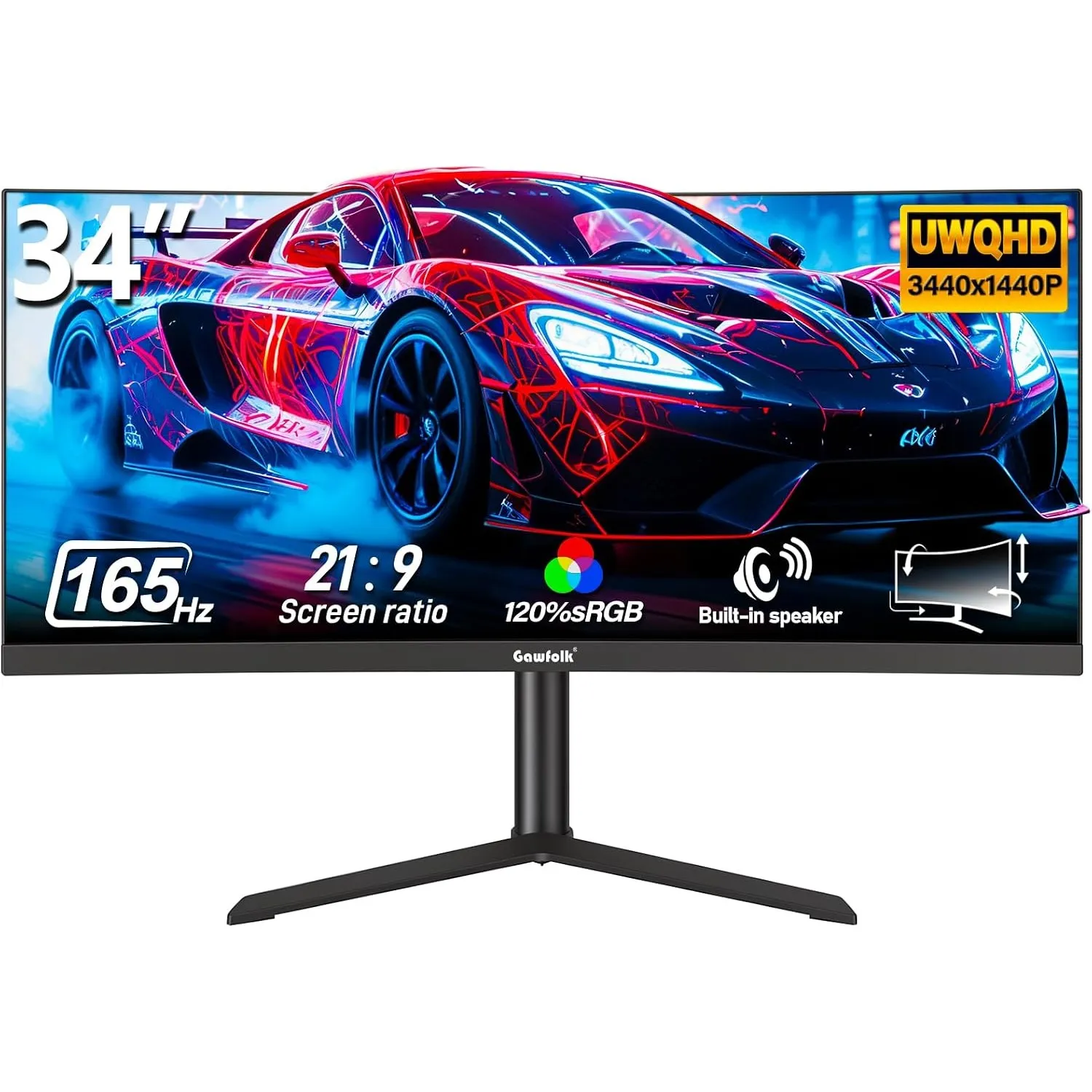 Gawfolk 34 Zoll Curved Gaming Monitor 165Hz PC Bildschirm mit Lautsprecher | 3800R WQHD 3440x1440 Gebogenes Ultrawide C…