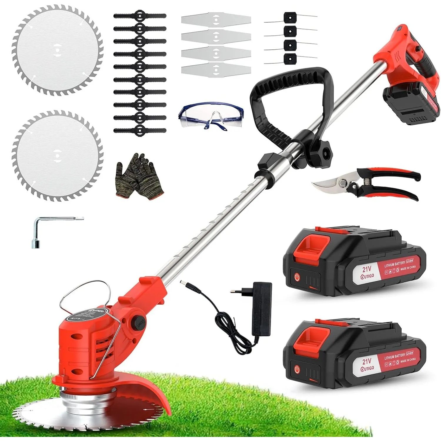OUTIGO Akku Rasentrimmer mit Akku, Rasenkantenschneider mit 2 Akkus 21V und 4 Messertypen+1 Gartenschere, Verstellbarer…