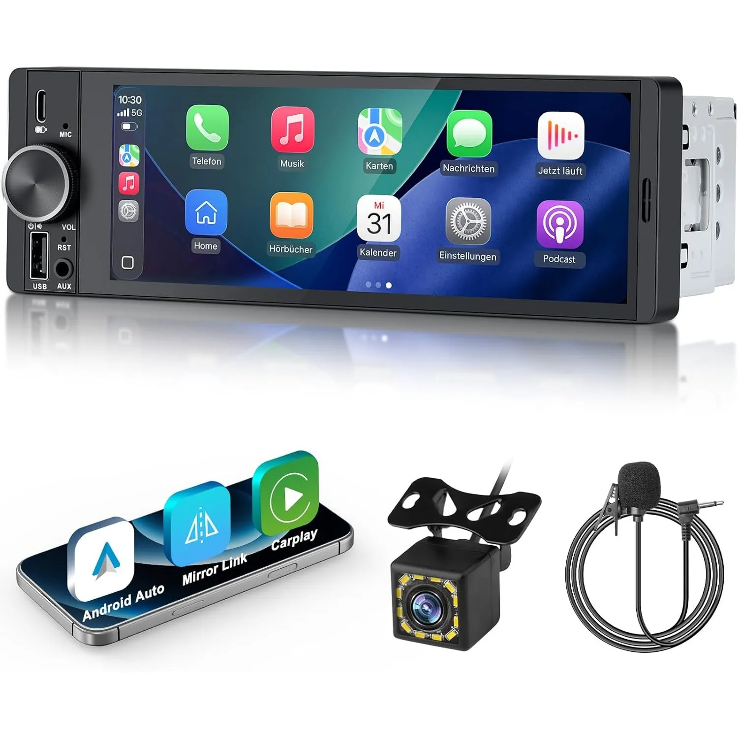 1 DIN Bluetooth Autoradio mit Bildschirm, Single DIN Auto Radio mit Wireless Apple CarPlay Android Auto Navi Rückfahrka…