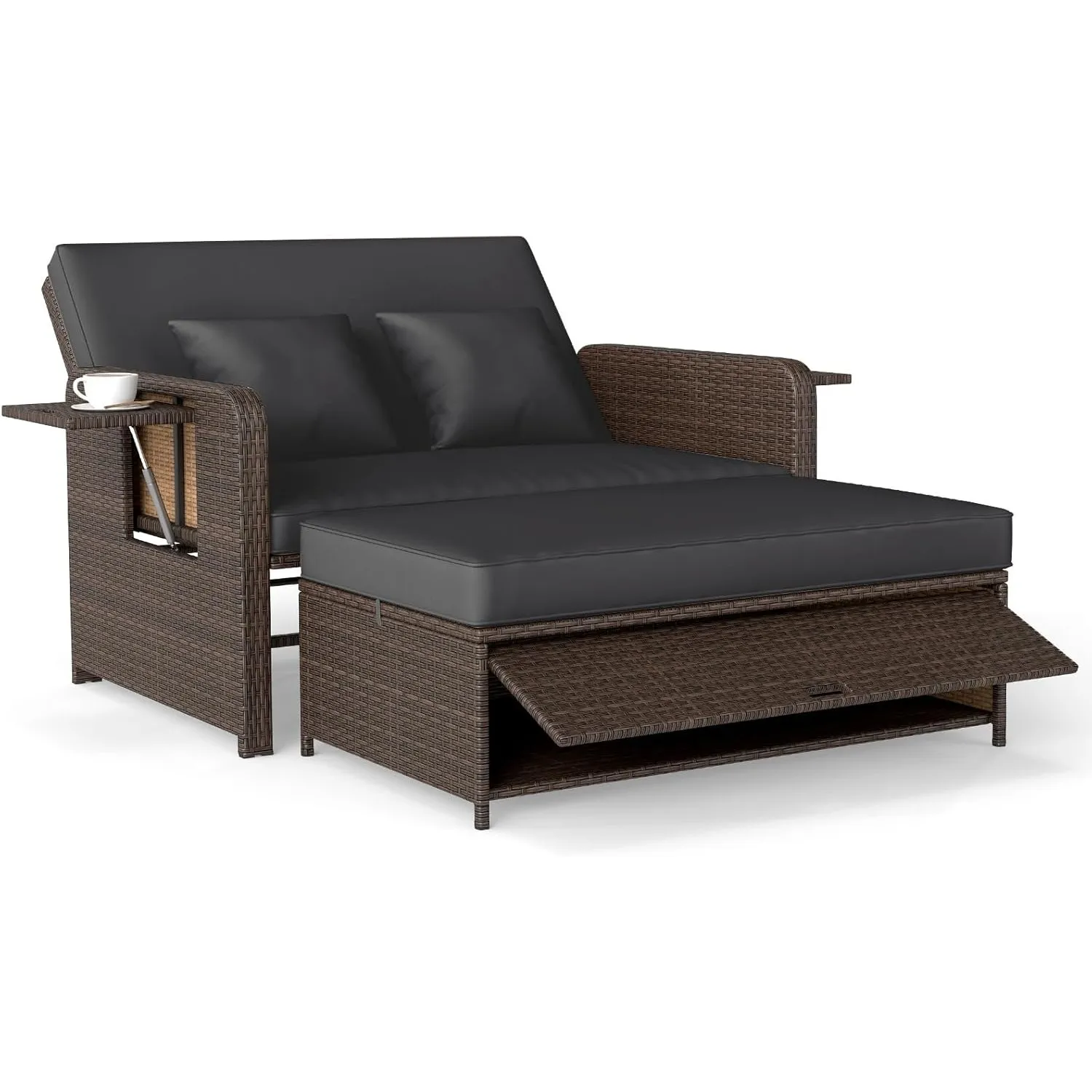 COSTWAY 3 in 1 Polyrattan Sonnenliege, Gartenliege mit Verstellbarer Rückenlehne & Seitenablagen, Loungebett, Doppellie…