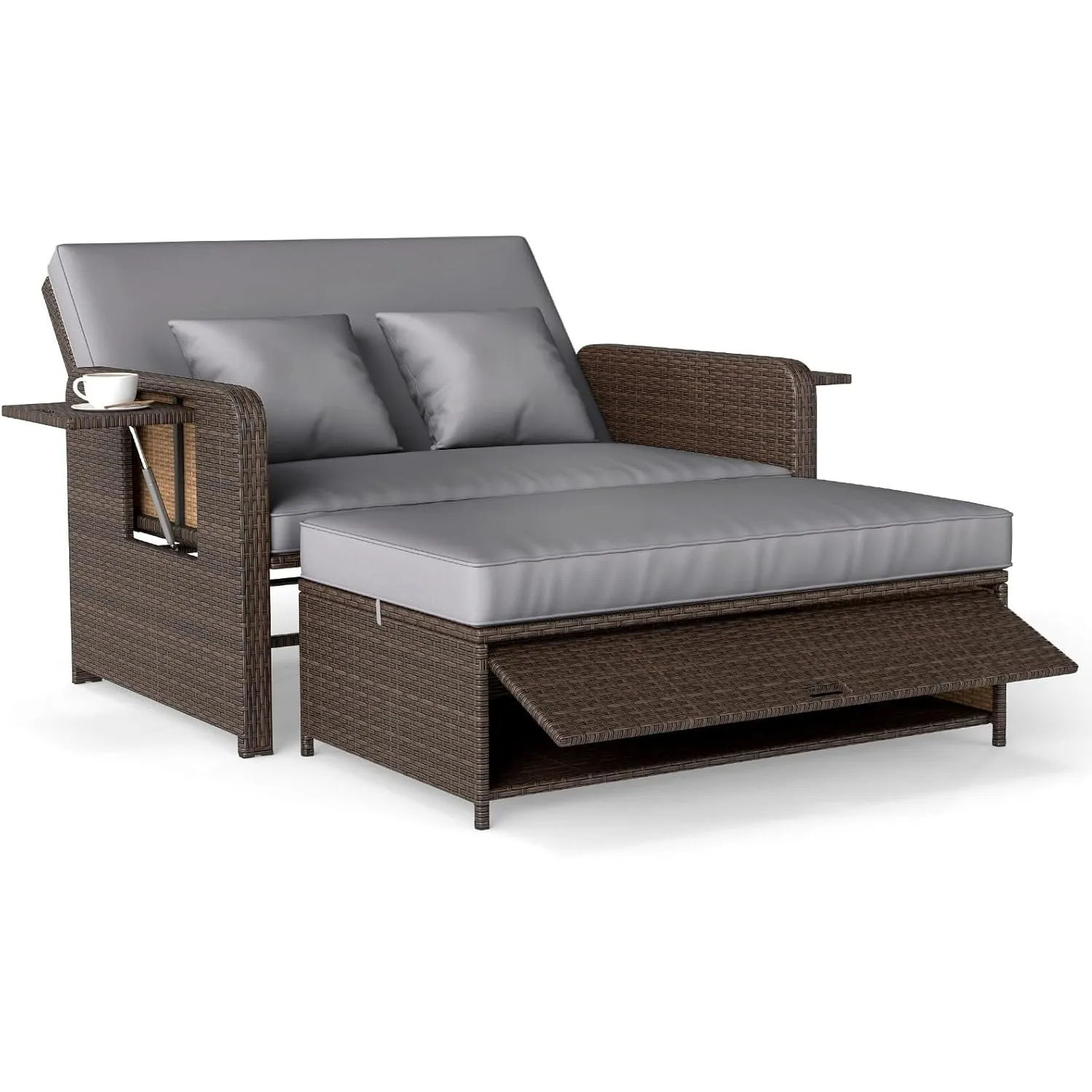 COSTWAY 3 in 1 Polyrattan Sonnenliege, Gartenliege mit Verstellbarer Rückenlehne & Seitenablagen, Loungebett, Doppellie…