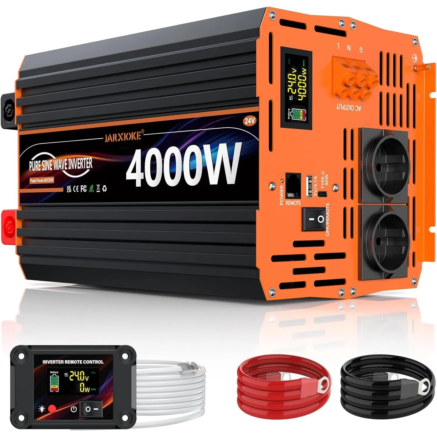 Wechselrichter 4000W 24V auf 230V Reiner Sinus Spannungswandler Inverter Konverter mit LCD-Fernbedienung, 2 EU Steckdos…