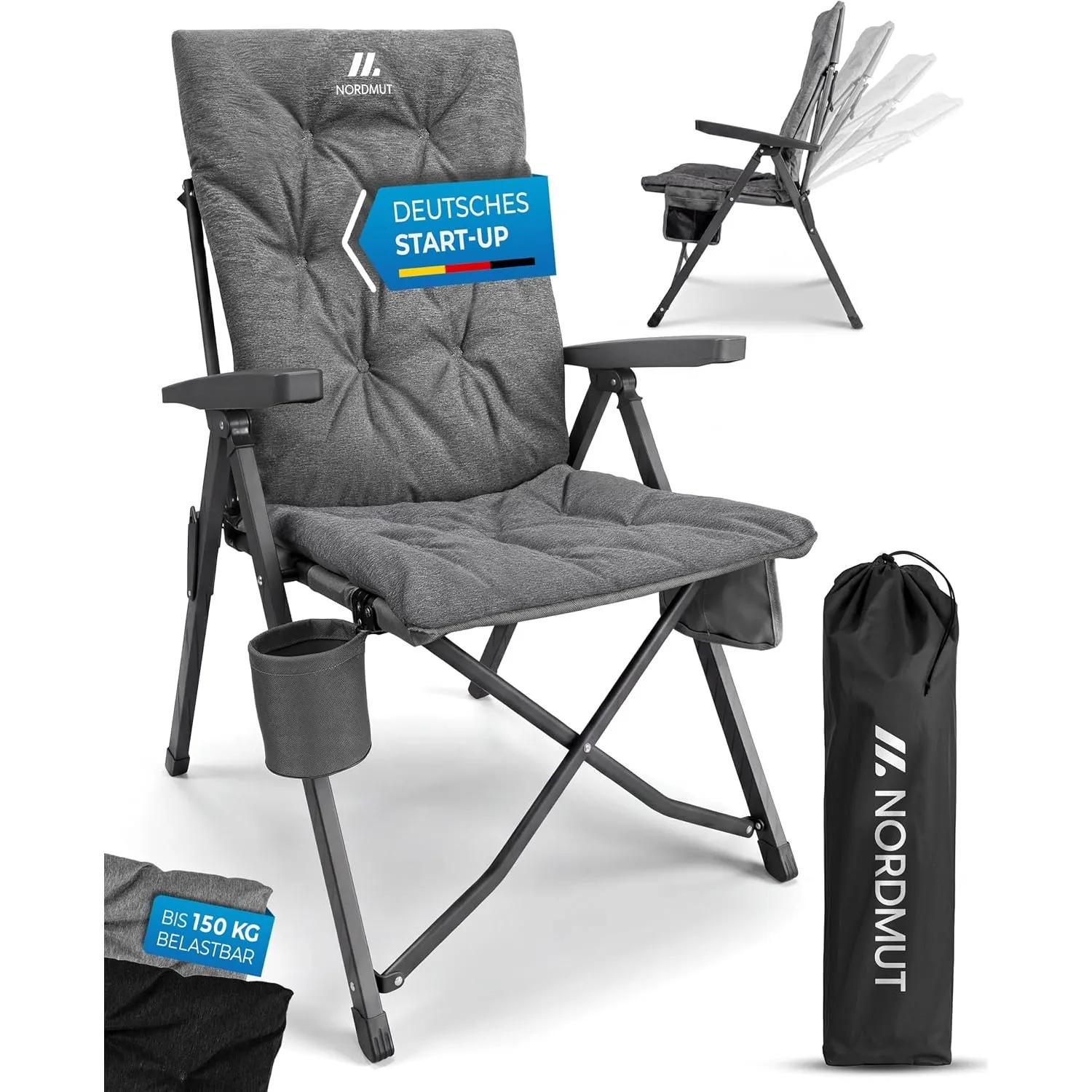 NORDMUT® Premium Campingstuhl faltbar mit hoher Lehne – Stabiler Klappstuhl Camping verstellbar in 4 Positionen – beque…