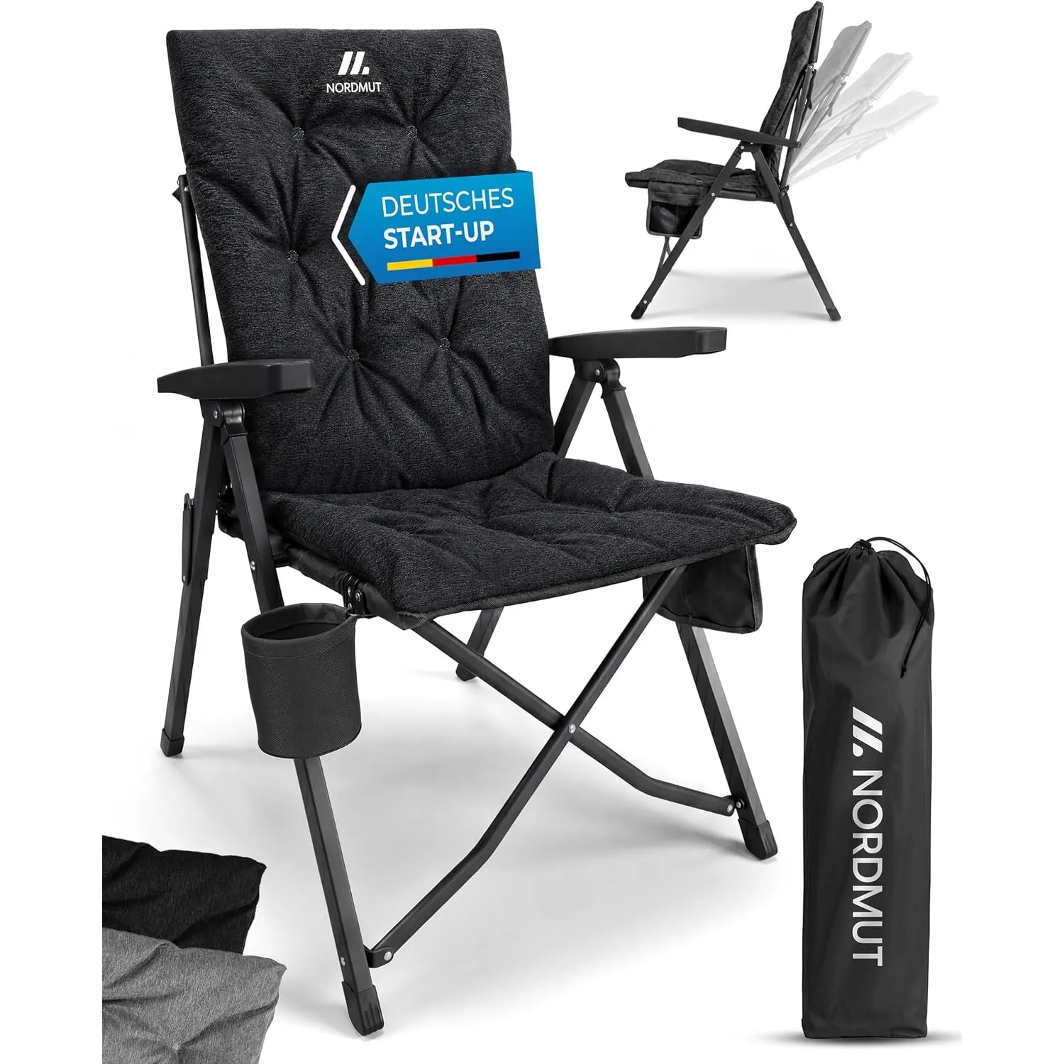 NORDMUT® Premium Campingstuhl faltbar mit hoher Lehne – Stabiler Klappstuhl Camping verstellbar in 4 Positionen – beque…