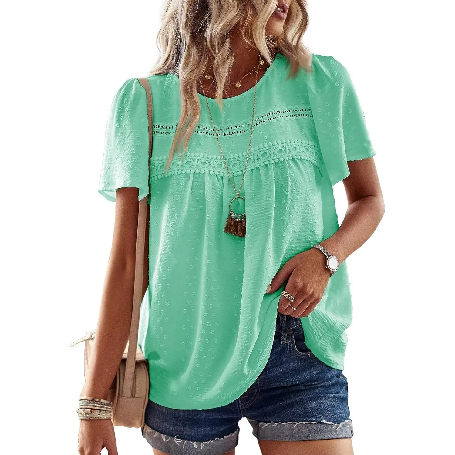 Top Damen Sommer Boho Bluse Kurzarm Oberteile Fließend Elegant Rundhals T Shirt Tunika Lässig Outfits Spitze Kleidung