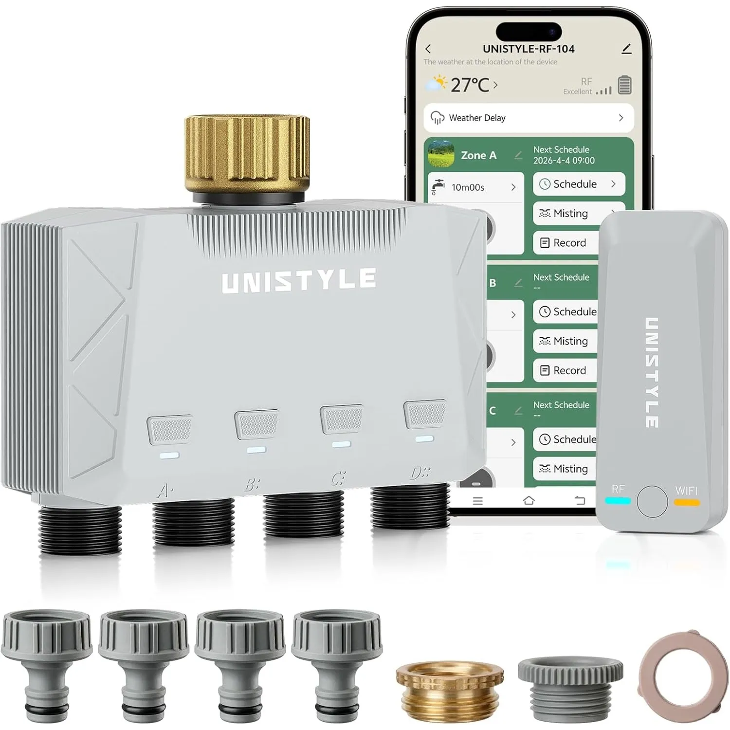 Unistyle Bewässerungscomputer WLAN 4 Ausgänge | Neuauflage 2026 – App-Steuerung, 5 Bewässerungspläne, Präzise Steuerung…