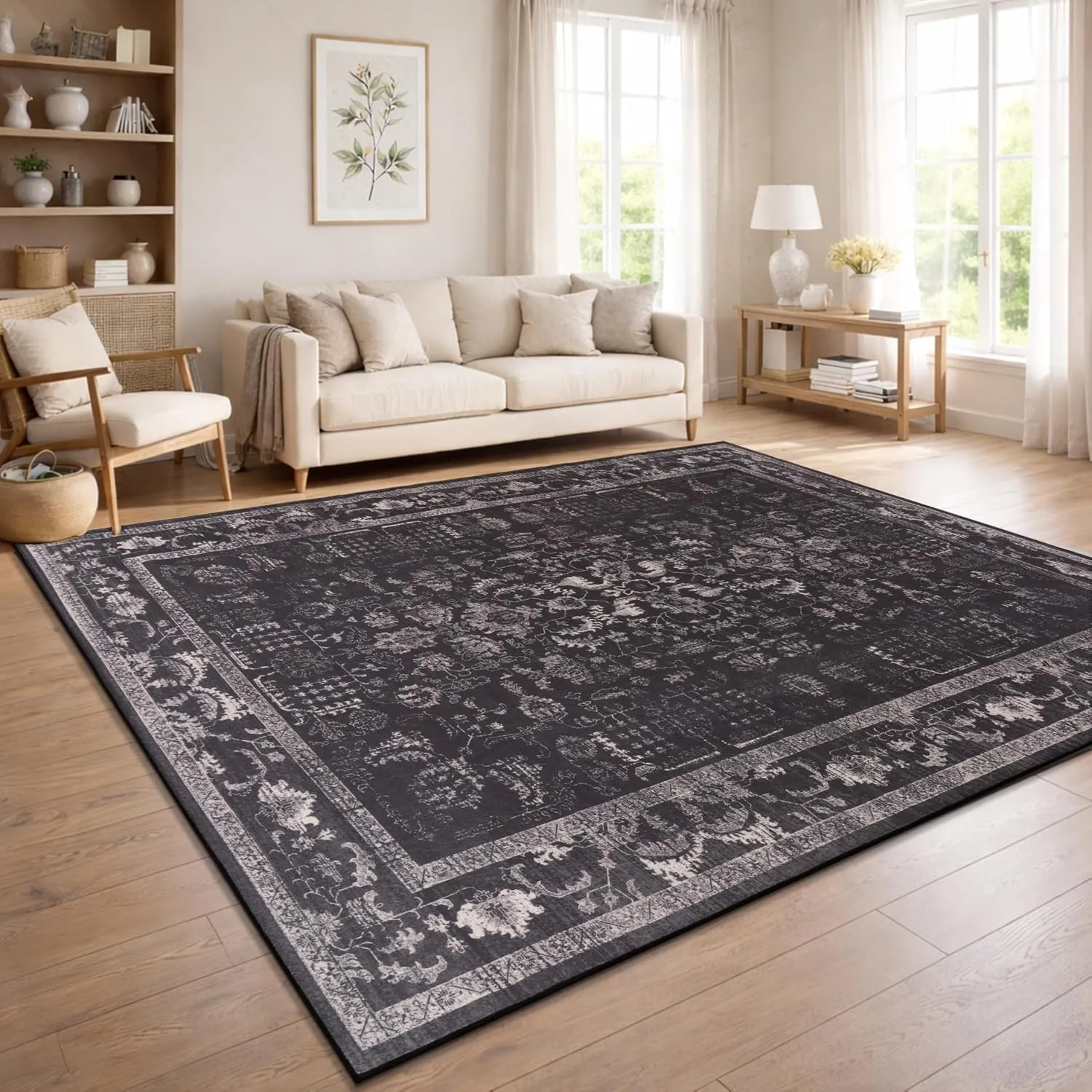 Paco Home Vintage Teppich Wohnzimmer Waschbar & rutschfest, pflegeleicht, modernes Retro Design im Boho Stil, Anthrazit…