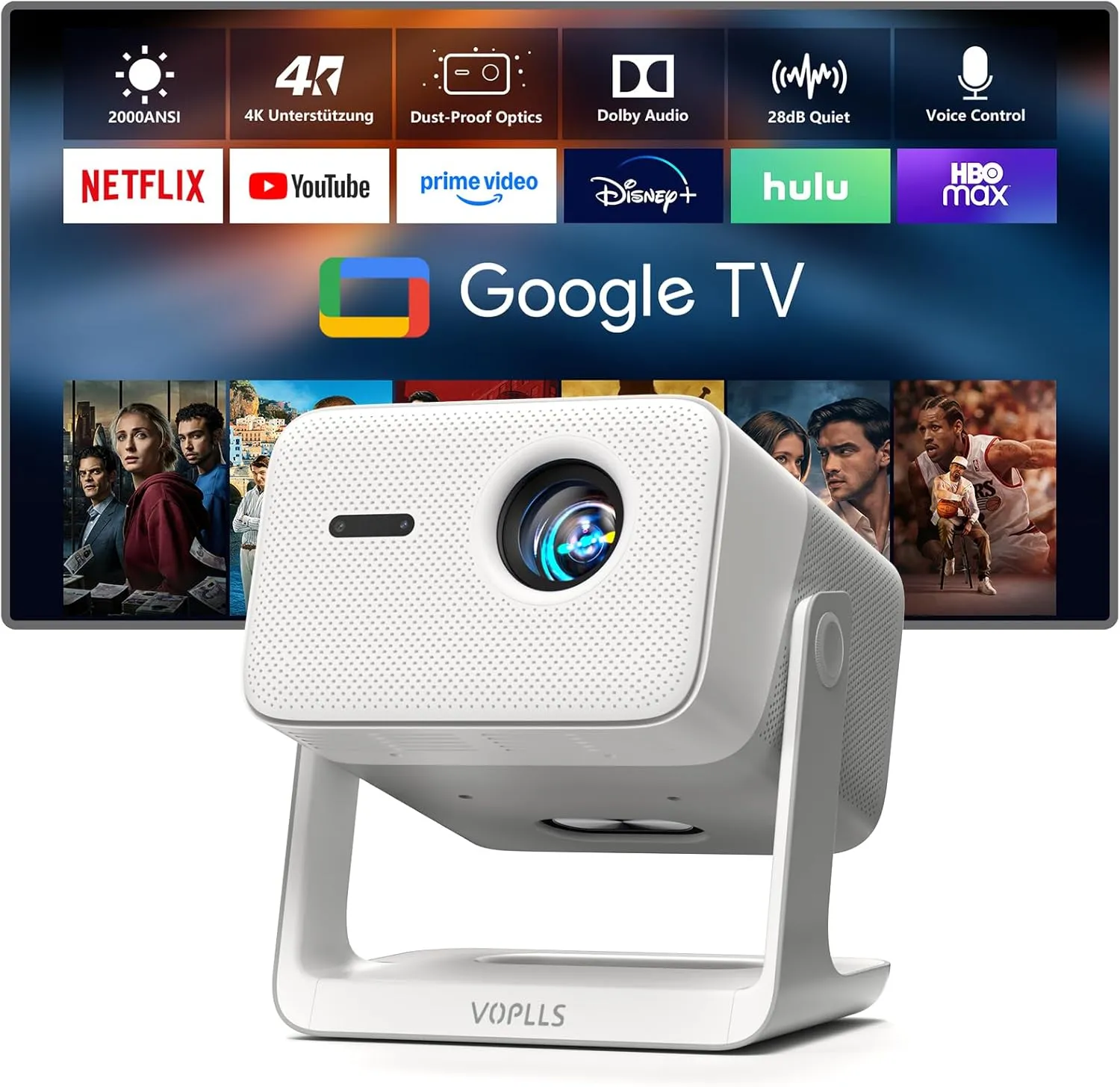 Smart Beamer【Google TV/Offizielle App】 VOPLLS 2000ANSI Tageslicht Beamer 4K Heimkino Autofokus & Trapezkorrektur Projek…