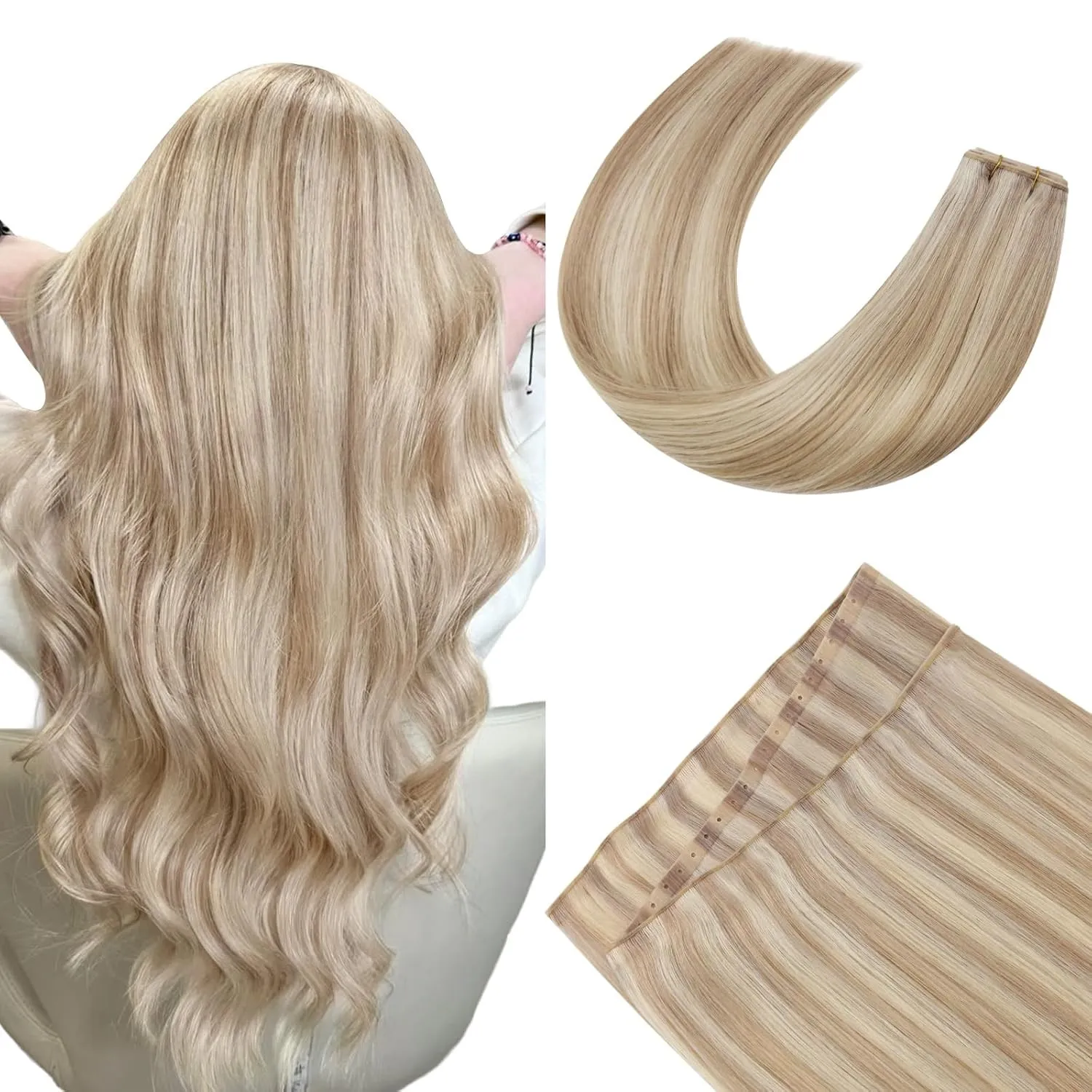 Ugeat Butterfly Weft Hair Extensions Echthaar Goldblond Highlight 40 cm 80G