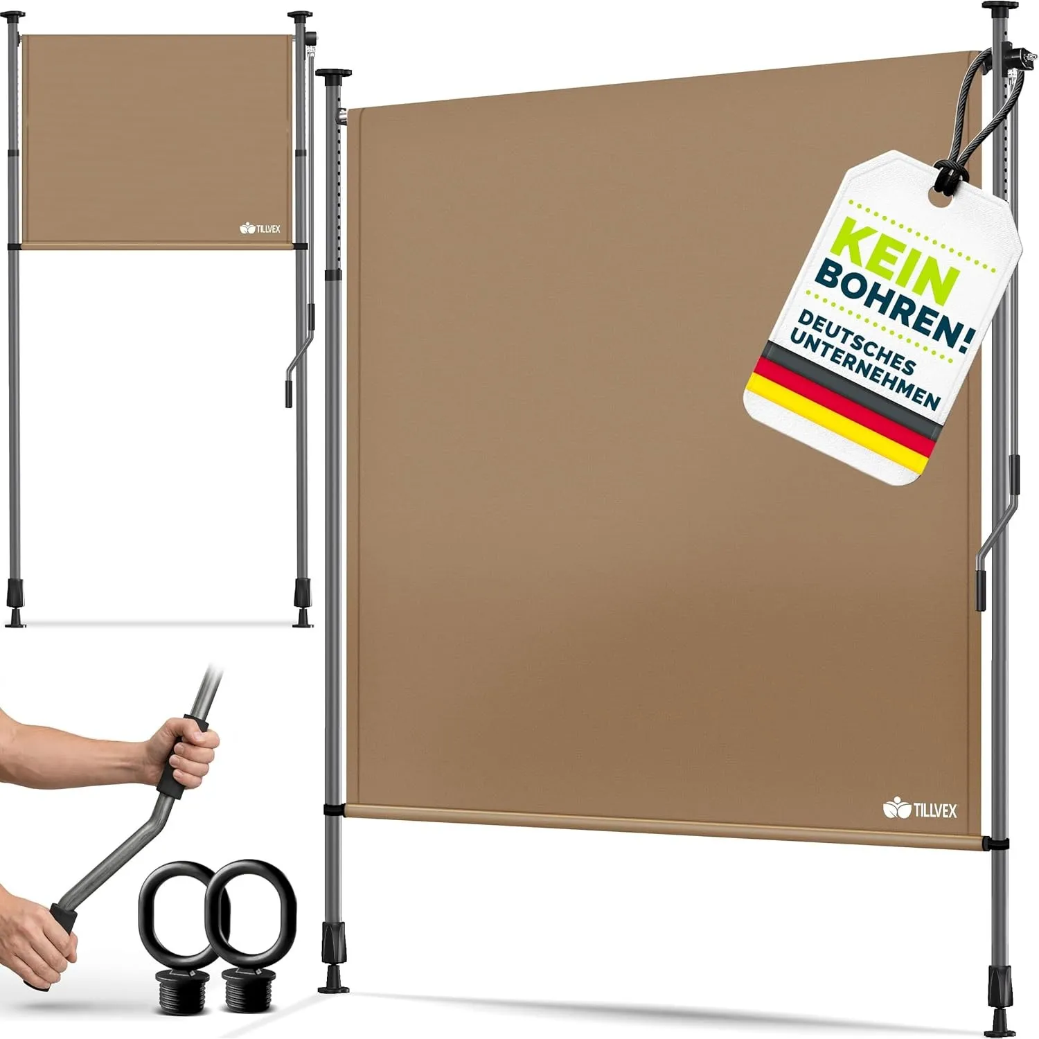 tillvex® Klemmmarkise Senkrechtmarkise 150x310cm mit Handkurbel ohne Bohren | Sichtschutz Ausziehbar & Blickdicht | Ver…