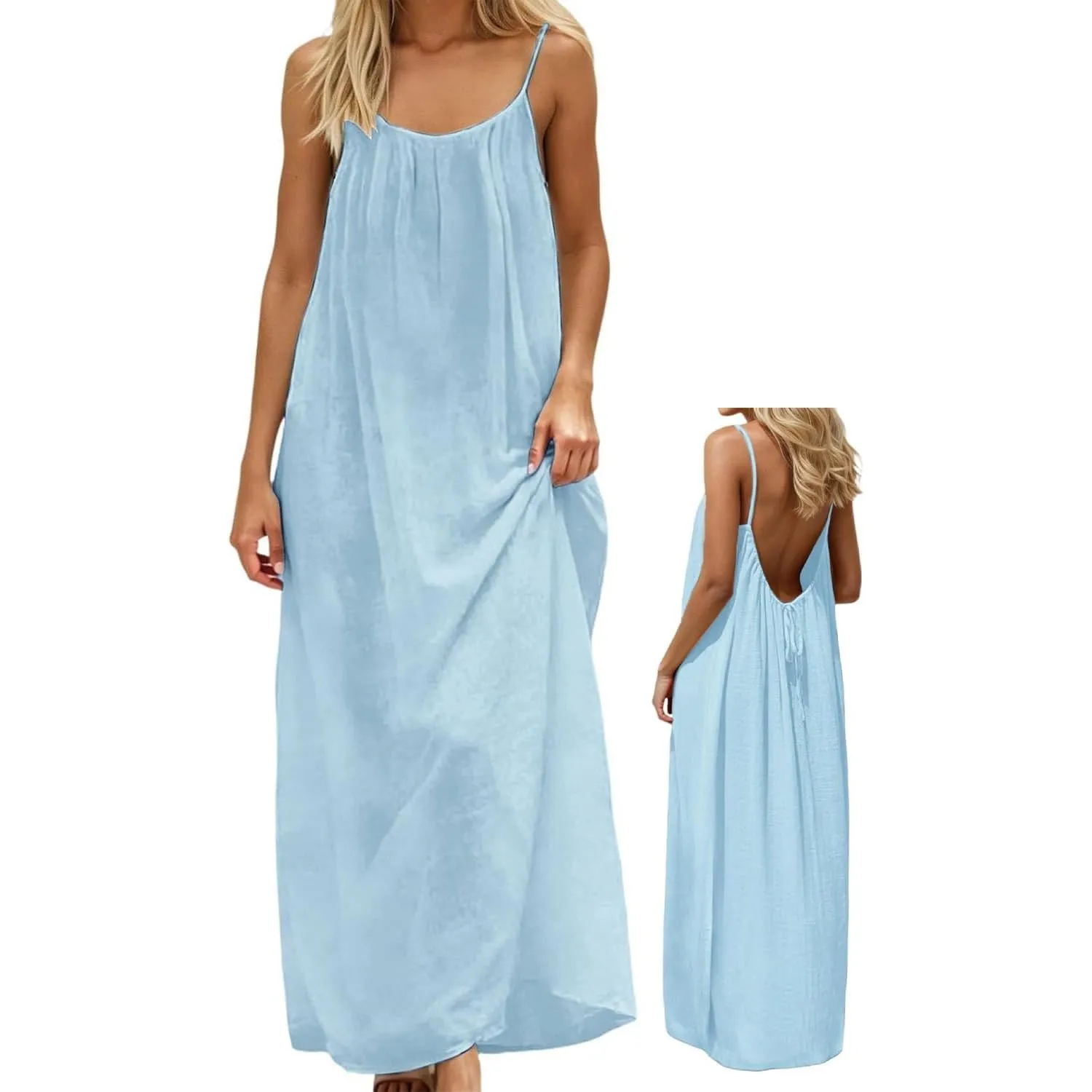 Sommerkleid Damen Lang Rückenfrei Spaghettiträger Leinen Strand | Bequemes, luftiges Maxi-Design mit Kordelzug, ideal f…
