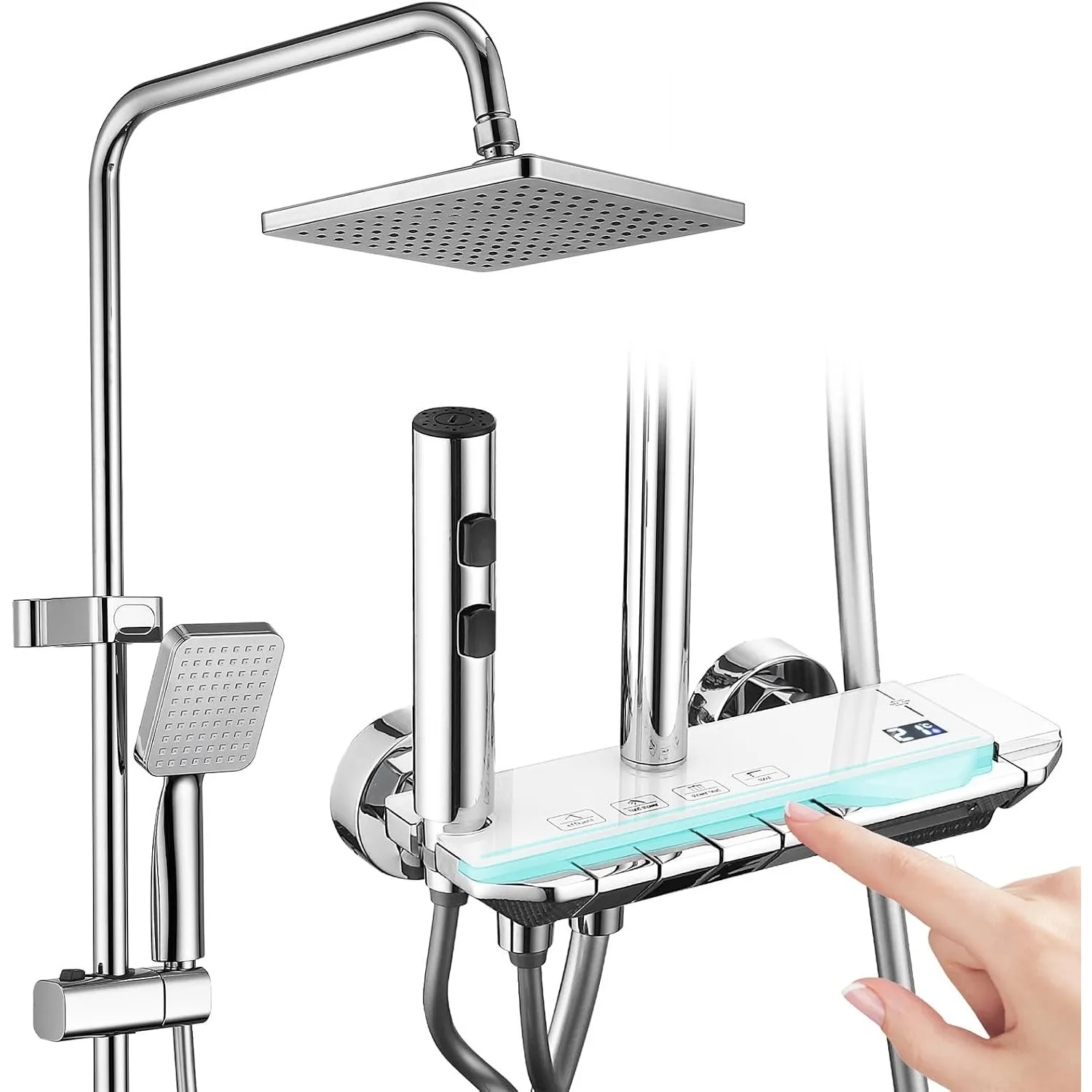 HOMELODY Duscharmatur Komplettset mit Glasablage - Regendusche mit Armatur und Edelstahl, Duscharmatur mit Klavierknopf…