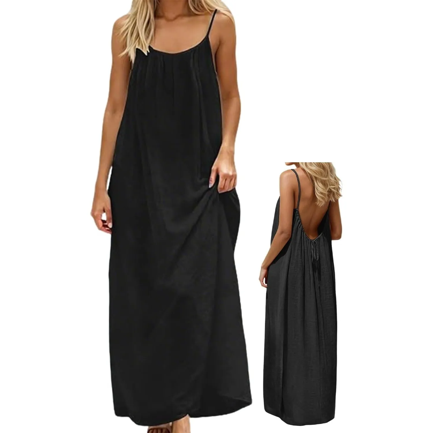 Sommerkleid Damen Lang Rückenfrei Spaghettiträger Leinen Strand | Bequemes, luftiges Maxi-Design mit Kordelzug, ideal f…