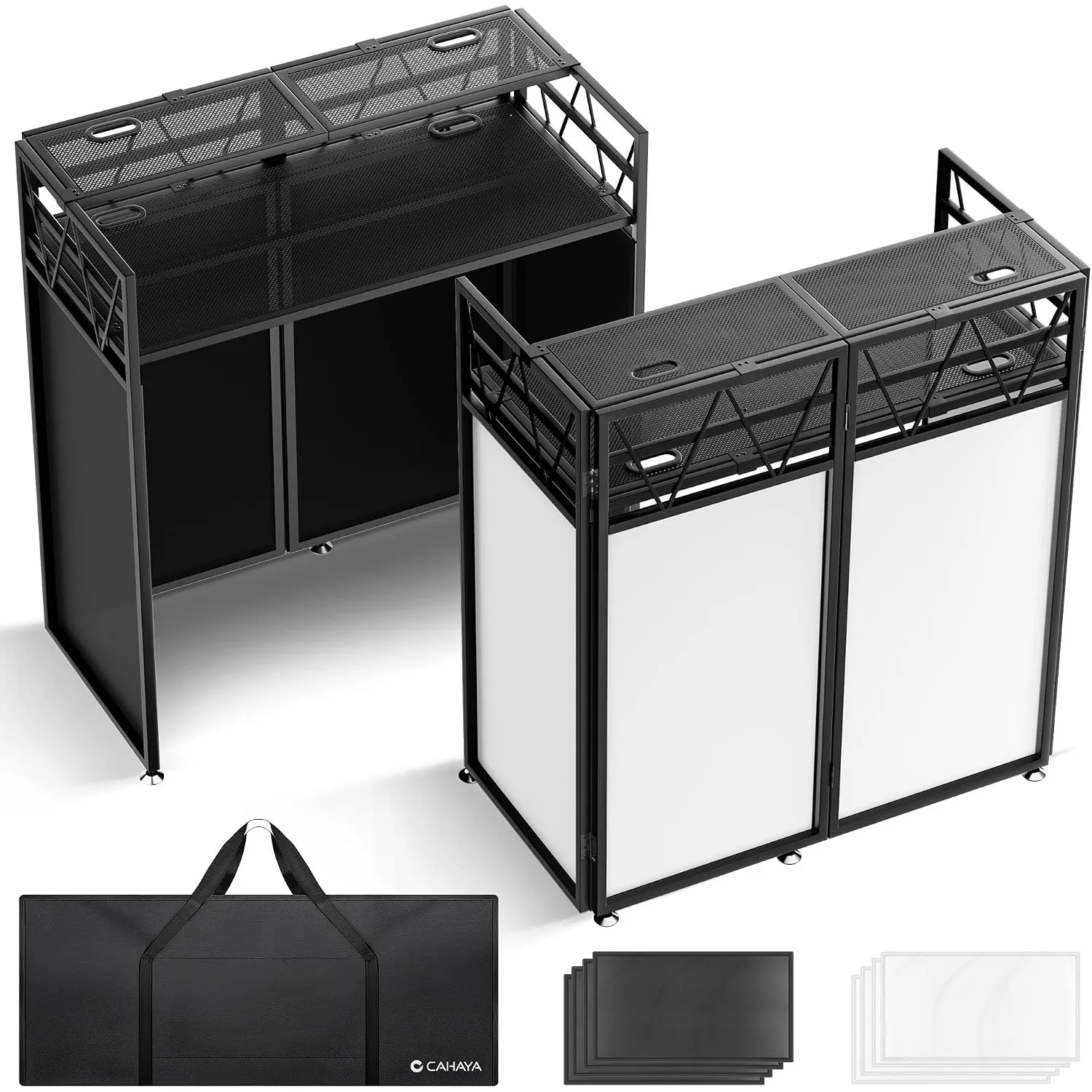CAHAYA DJ Booth, Faltbarer DJ Tisch mit Doppelablage, 103,5×50 cm | Schwarze & Weiße Stretchhussen, 2 Kabelöffnungen un…