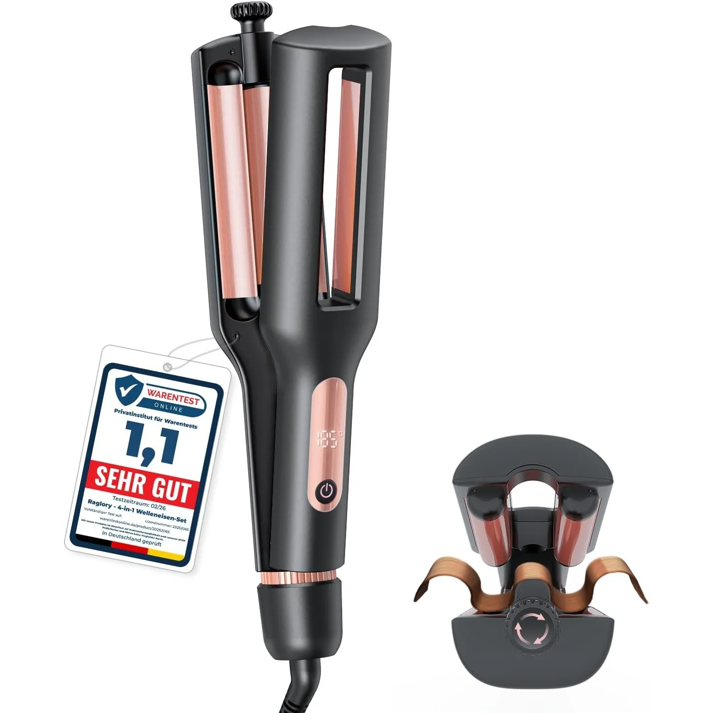 4 In 1 Einstellbar Welleneisen für Haare, Beach Waves Lockenstab, Rose Gold