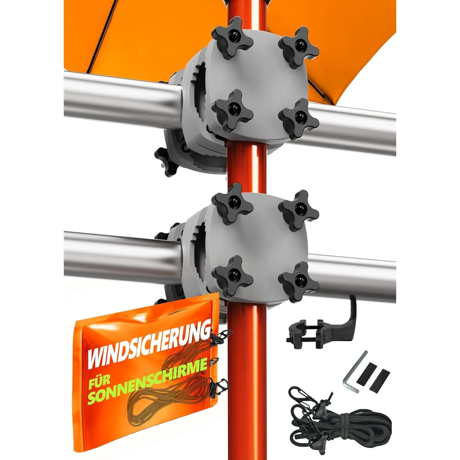 4smile 2 x Sonnenschirmhalter Balkongeländer SunnyGuy, Anthrazit + Windsicherung für Sonnenschirme - Schirmhalterung Ba…