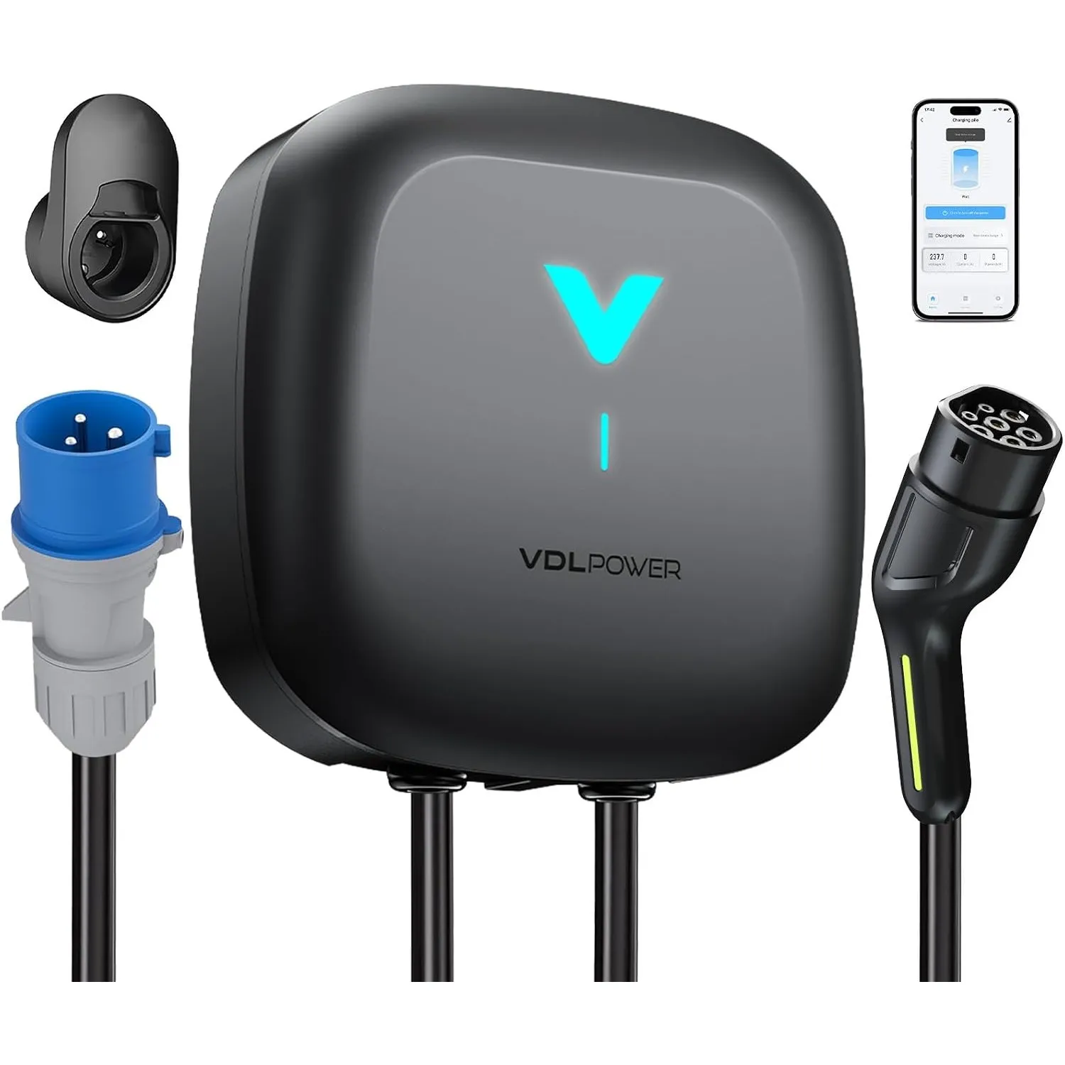 Wallbox 7.4kW mit APP, Typ 2 Ladekabel, 1-Phase 6-32A EV-Ladegerät, 6m Kabel mit Kabelhalter, RCD Typ A & IP67, Ladesta…