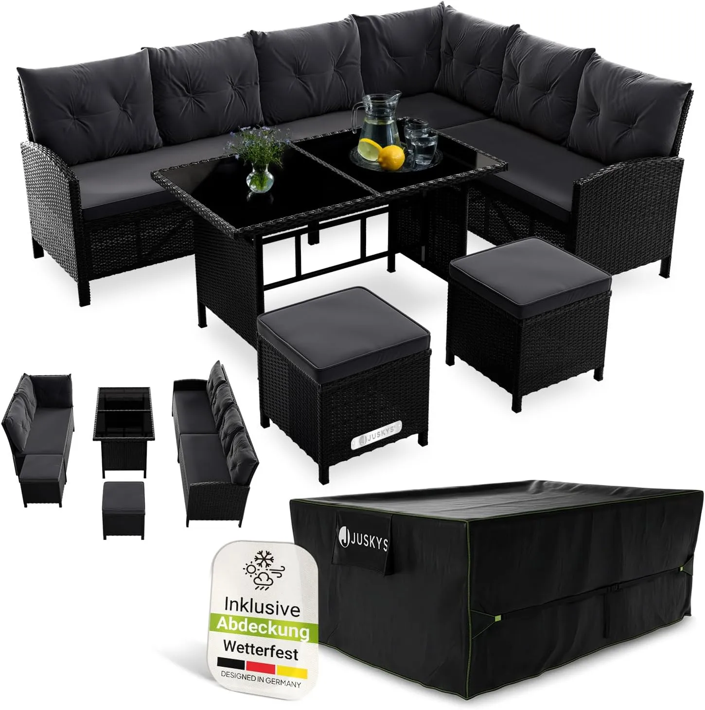 Juskys® Polyrattan Lounge Manacor mit Ecksofa, Esstisch, 2 Hocker & Kissen inkl. Abdeckung - wetterfest bis 7 Personen …