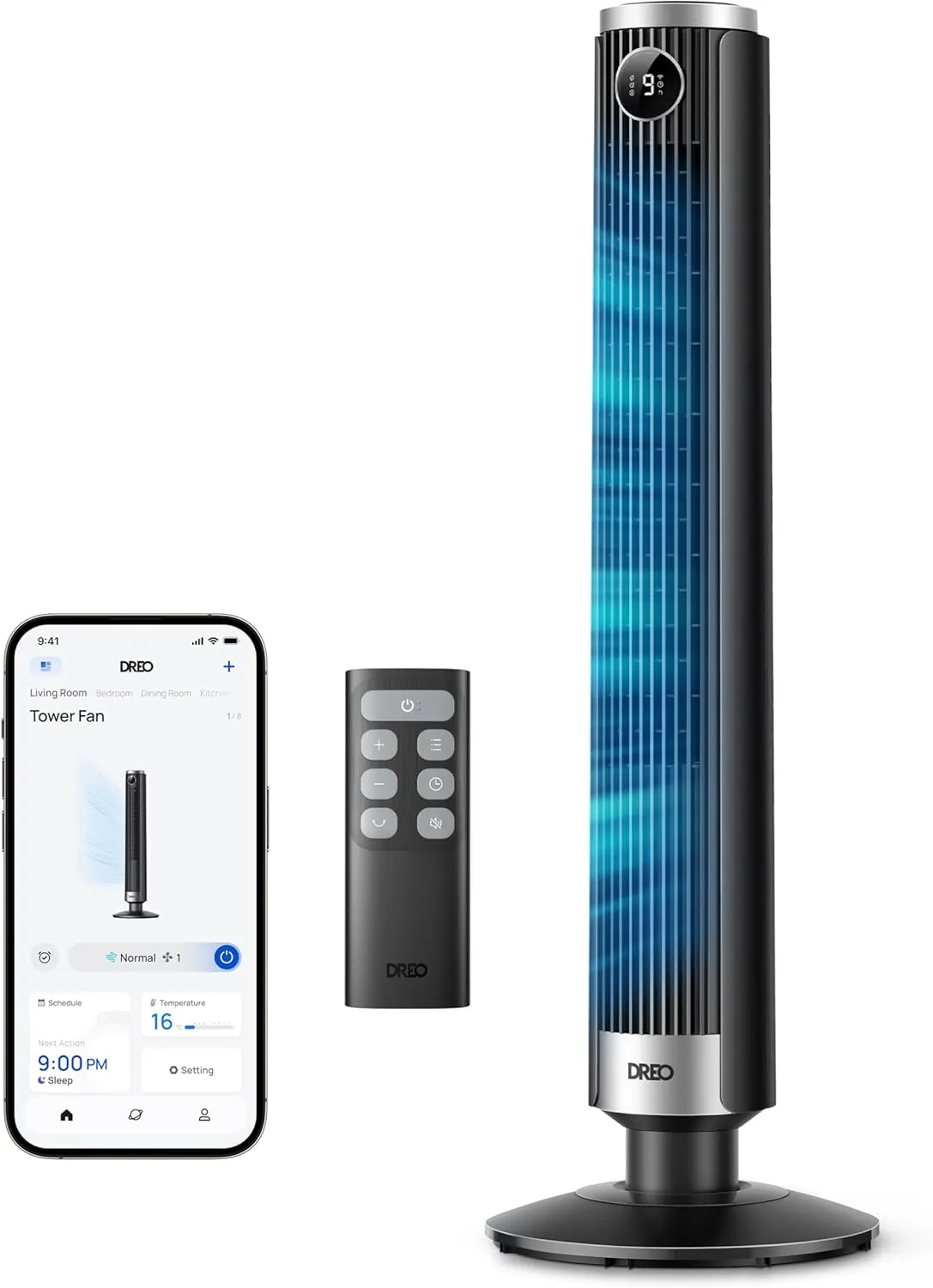 DREO Smart 102-114 cm Tower Fan for Bedroom, Height Adjustable, 8.4 m/s, DC Motor, 9 Levels, 4 Modes, 90° Oscillation, …