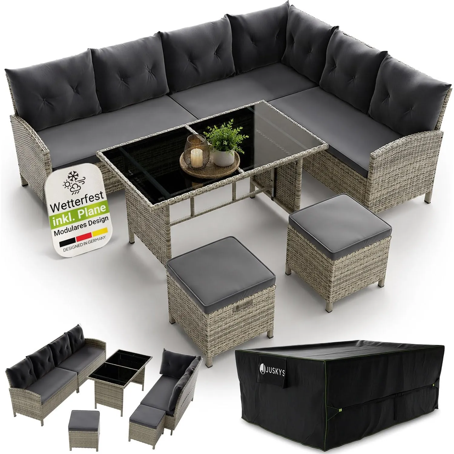 Juskys® Polyrattan Lounge Manacor mit Ecksofa, Esstisch, 2 Hocker & Kissen inkl. Abdeckung - wetterfest bis 7 Personen …