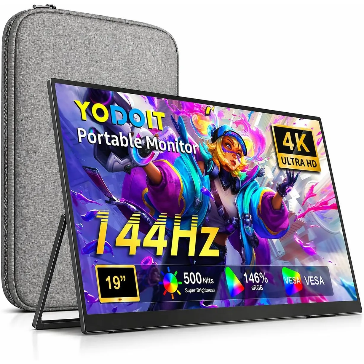 Yodoit Tragbarer Monitor 19" 4K 144Hz, UHD 3840x2160 Bildschirm mit Standfuß, IPS-Display, USB-C- und Mini-HDMI-Anschlu…