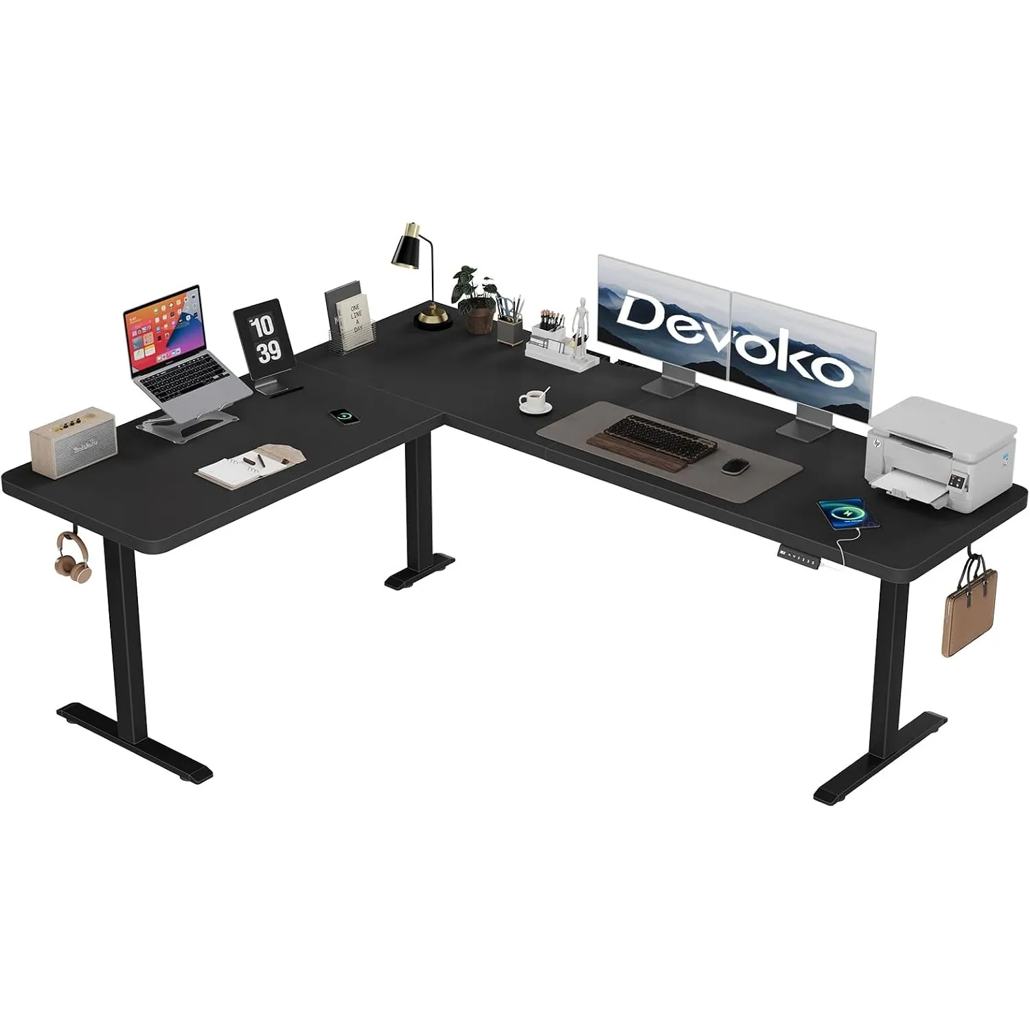 Devoko Höhenverstellbarer Schreibtisch L-Form 190x155cm mit USB-A, Schwarz