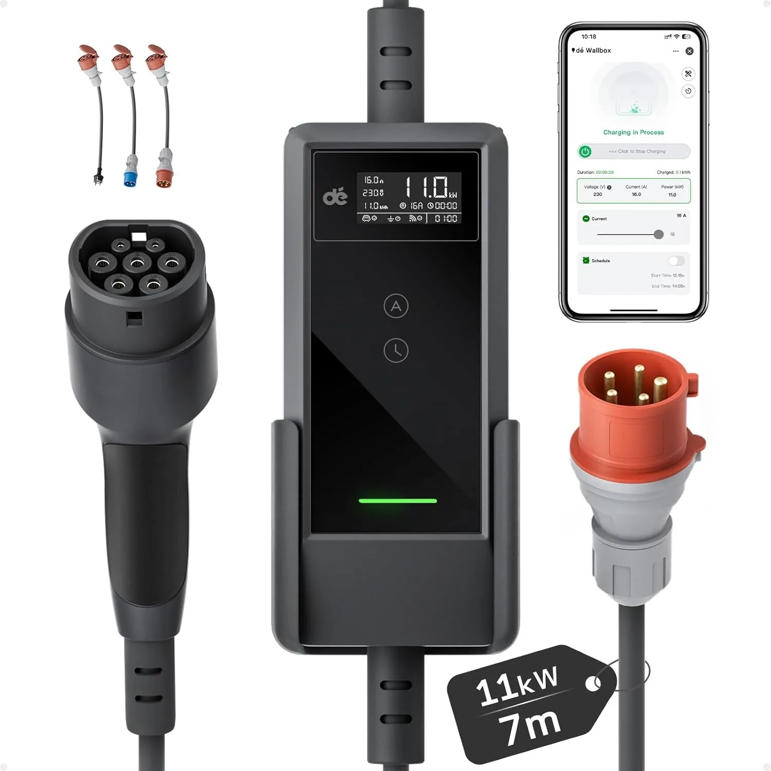 dé Mobile Wallbox 11kW mit APP 7m mit Traveller Set | Ladekabel e Auto CEE-16A 400V auf Typ 2 mit Einstellbarer Ladelei…
