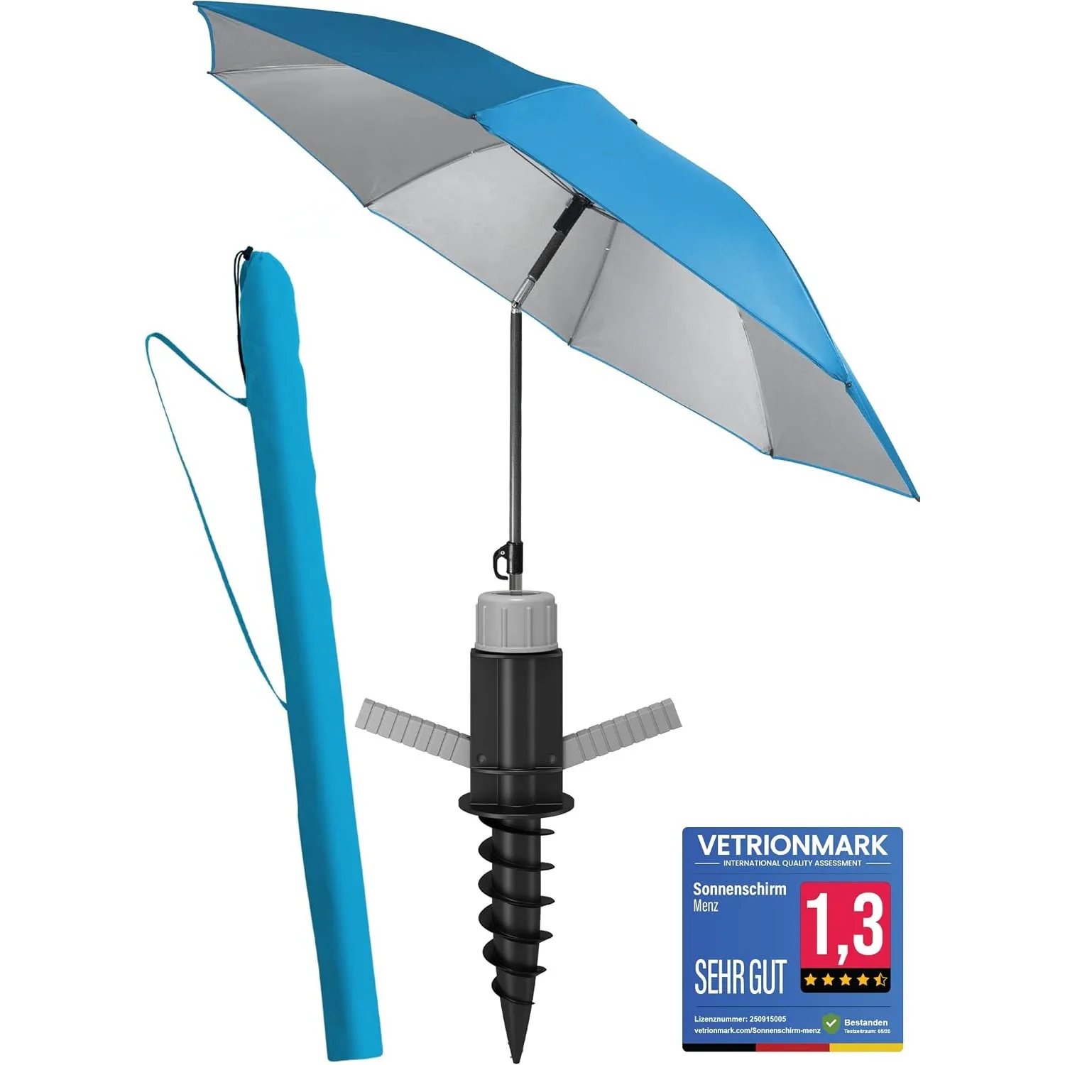 4smile Sonnenschirm Strand SunnyJoy 3-IN-1-SET, Fb. Blau - Strandschirm Ø 180 cm + Bodenhülse + Schutzhülle - Strandsch…