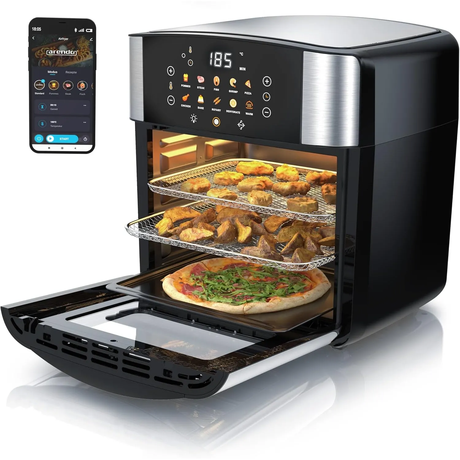 Arendo - Heißluftfritteuse XXL Smart Wlan - extra Groß 16 Liter - Backofen Umluft - Grill - Dörrautomat - Air Fryer - T…