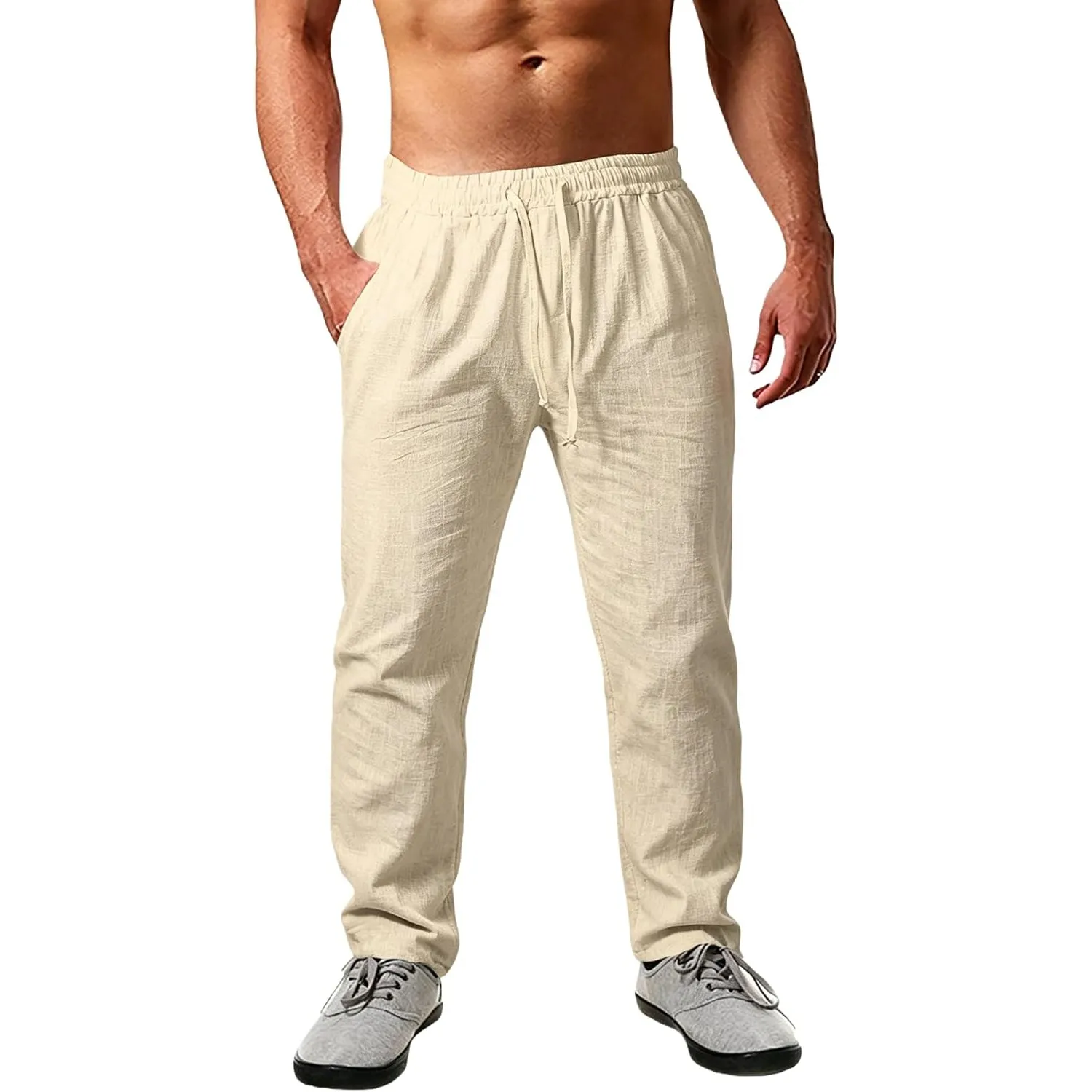 Cegerne Leinenhose Herren Lang Leicht Sommerhose Loose Fit Freizeithose mit Kordelzug Taschen für Urlaub Strand Alltag
