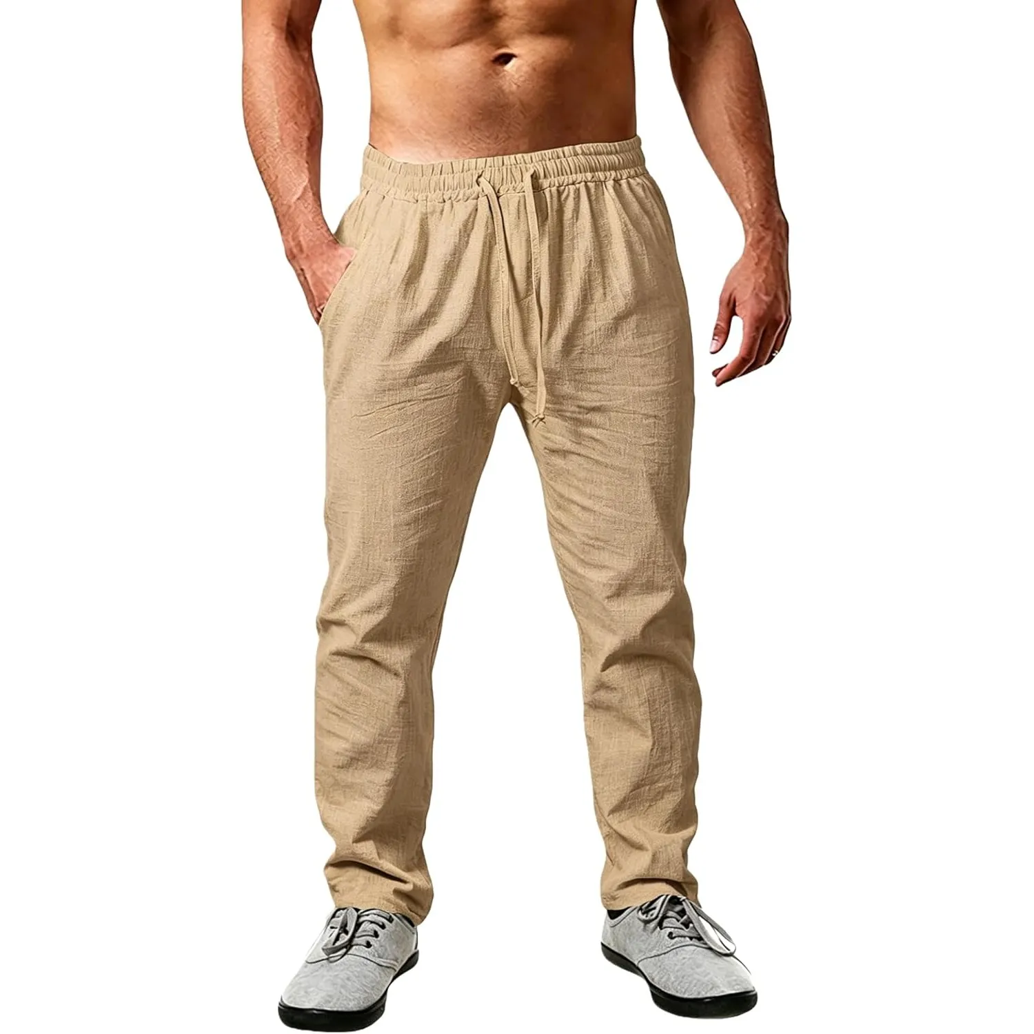 Cegerne Leinenhose Herren Lang Leicht Sommerhose Loose Fit Freizeithose mit Kordelzug Taschen für Urlaub Strand Alltag