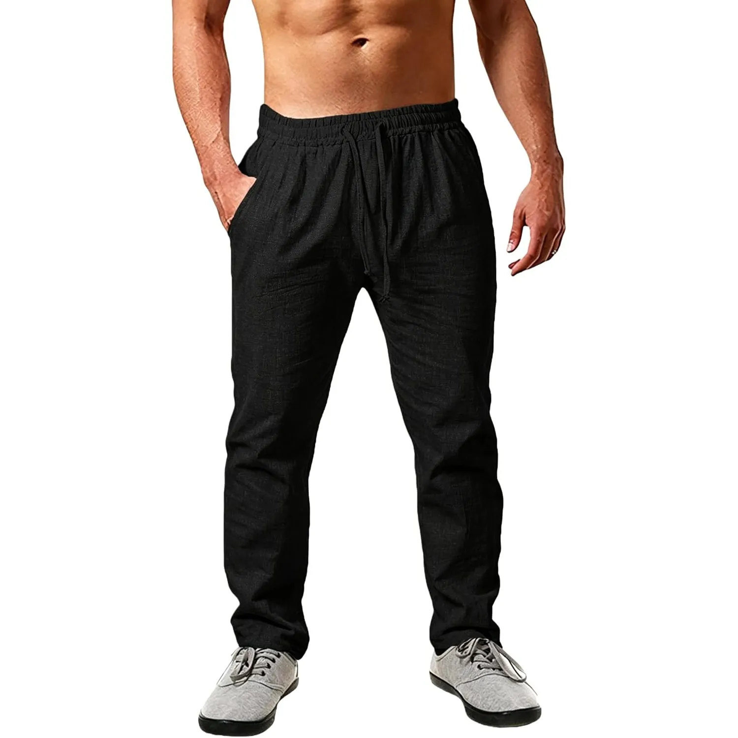 Cegerne Leinenhose Herren Lang Leicht Sommerhose Loose Fit Freizeithose mit Kordelzug Taschen für Urlaub Strand Alltag