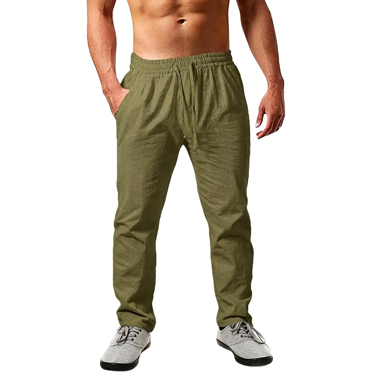 Cegerne Leinenhose Herren Lang Leicht Sommerhose Loose Fit Freizeithose mit Kordelzug Taschen für Urlaub Strand Alltag