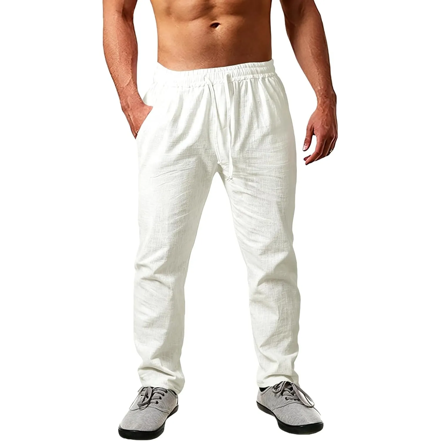 Cegerne Leinenhose Herren Lang Leicht Sommerhose Loose Fit Freizeithose mit Kordelzug Taschen für Urlaub Strand Alltag