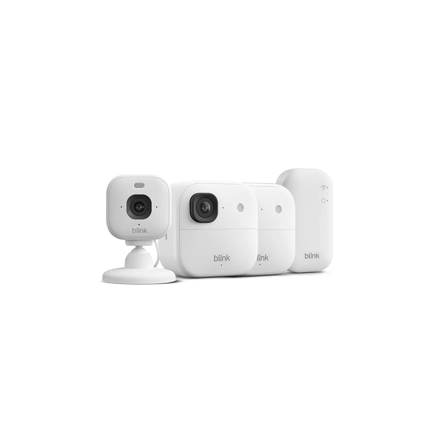 Blink Outdoor 2K+ Kameras mit Blink Mini 2K+ Innenkamera (neueste Generation), Weiß, inkl. Sync Module Core