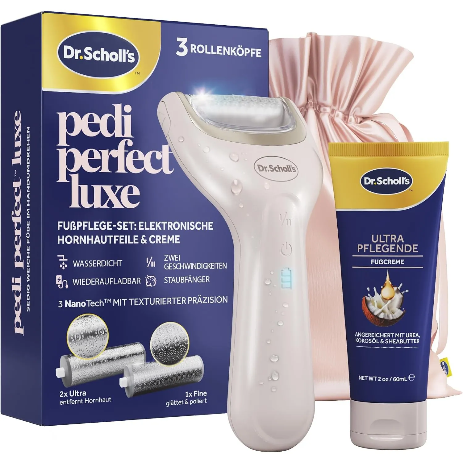 Dr. Scholl’s Pedi Perfect Luxe Wasserdichter, Wiederaufladbarer, Elektrischer Fußhornhautentferner mit x3 Rollenköpfen …