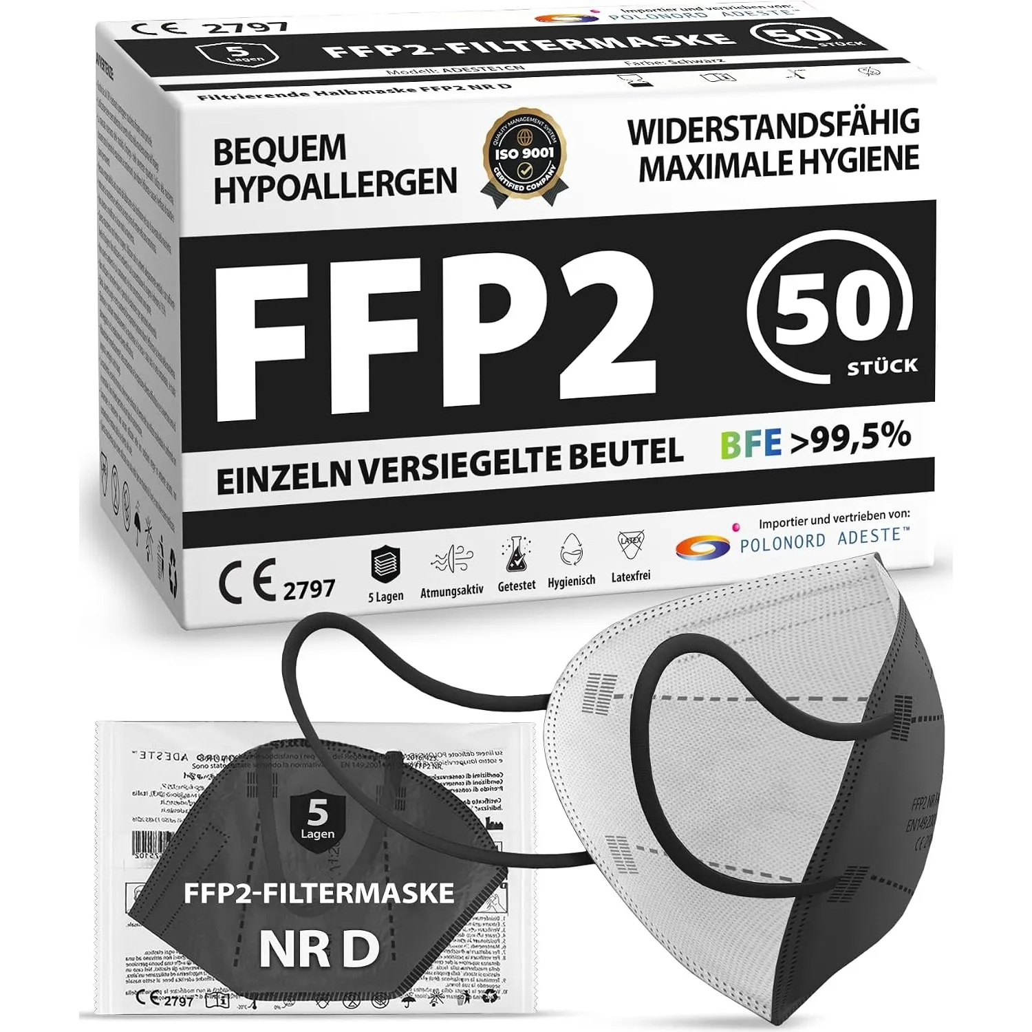 Polonord Adeste 50x FFP2 Maske Schwarz CE-zertif | Einzelversiegelte Beutel