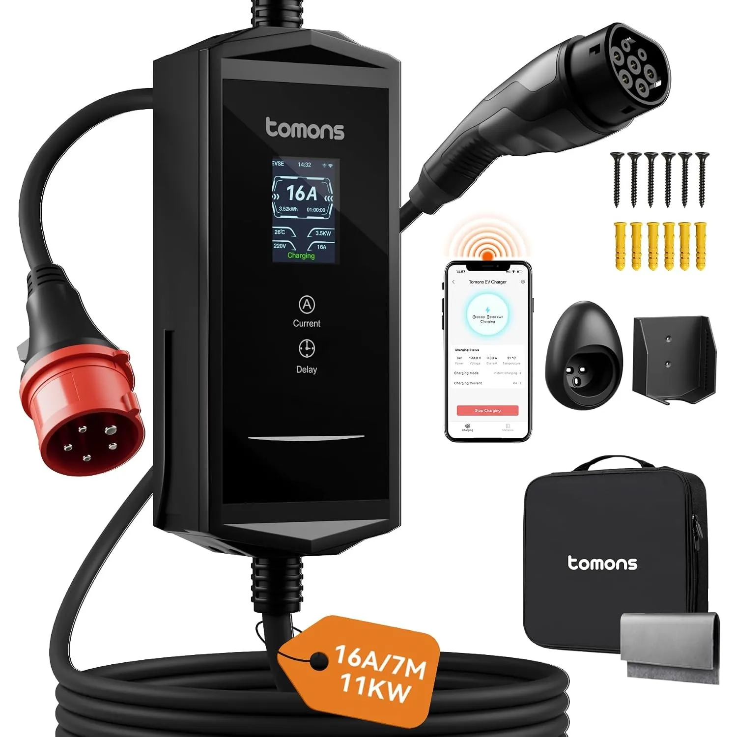 tomons Mobile Wallbox 11kw mit APP 7M,2,4" LCD-Display,3-Phasen|6-16A
